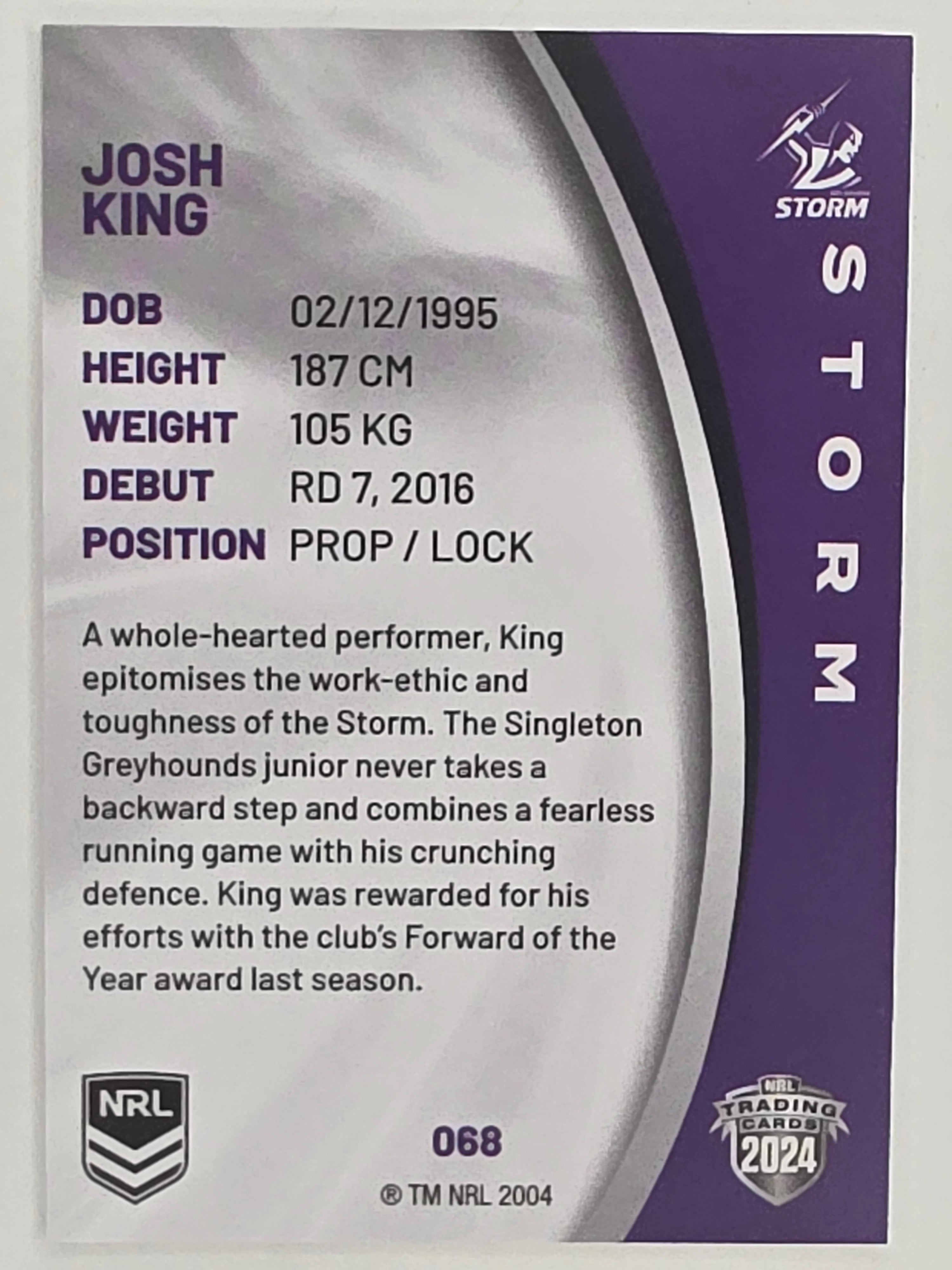 NRL 2024 Elite Base Card #068 Josh King Melbourne Storm