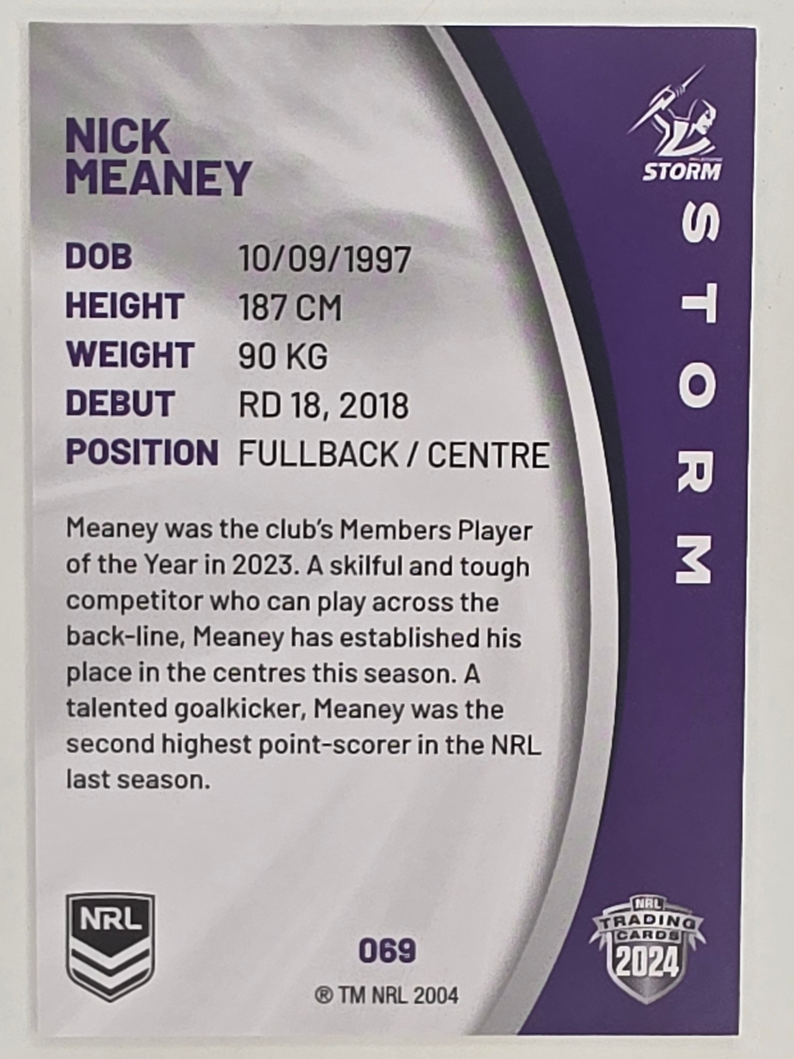 NRL 2024 Elite Base Card #069 Nick Meaney Melbourne Storm