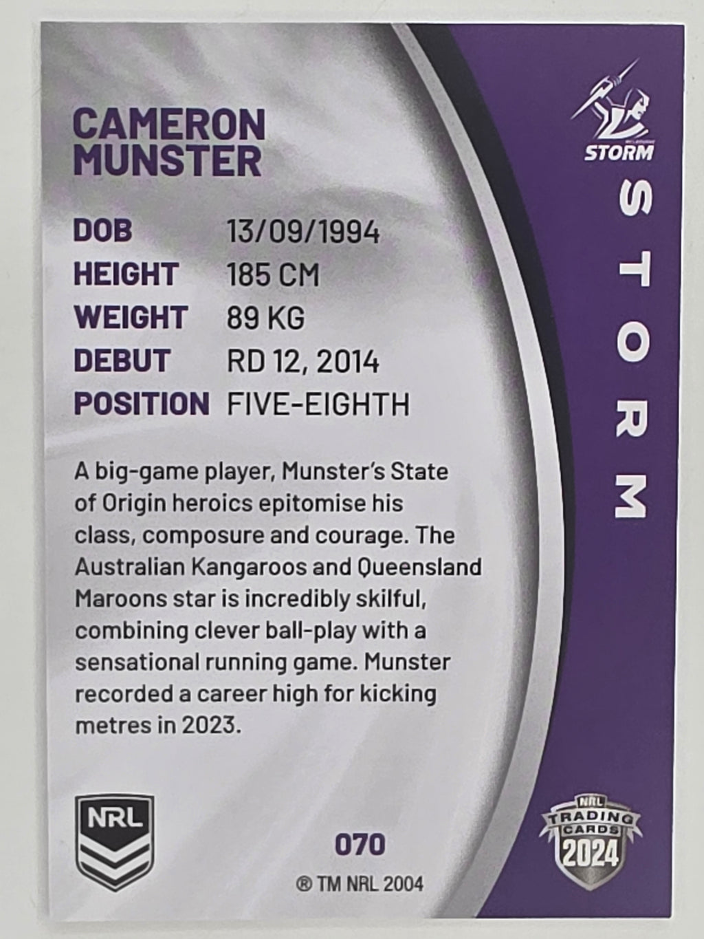 NRL 2024 Elite Base Card #070 Cameron Munster Melbourne Storm