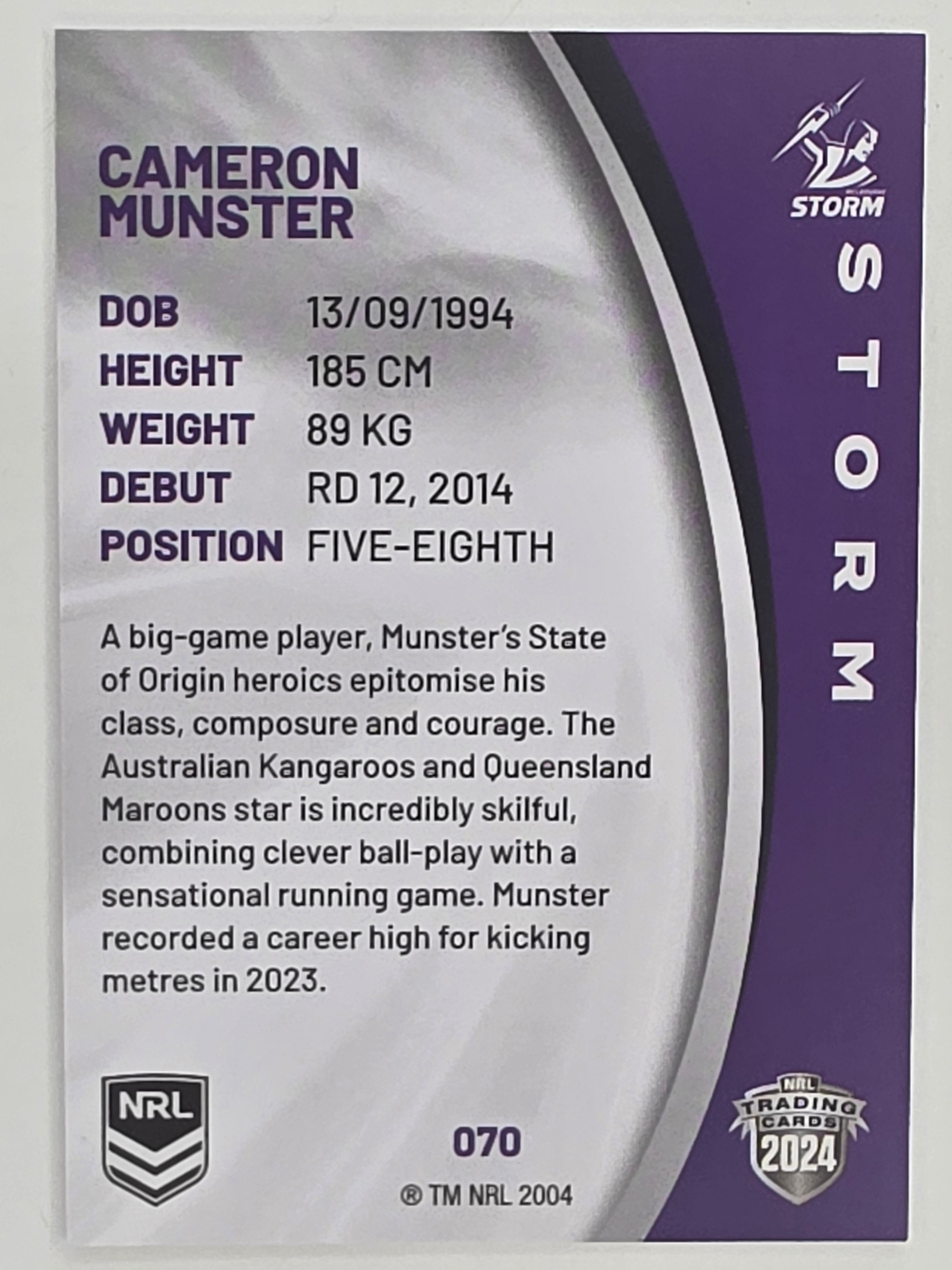 NRL 2024 Elite Base Card #070 Cameron Munster Melbourne Storm
