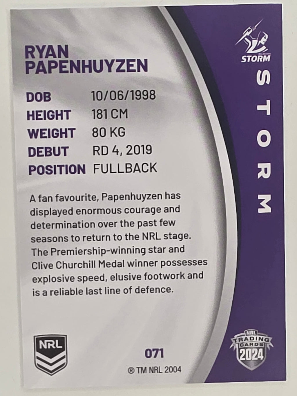 NRL 2024 Elite Base Card #071 Ryan Papenhuyzen Melbourne Storm