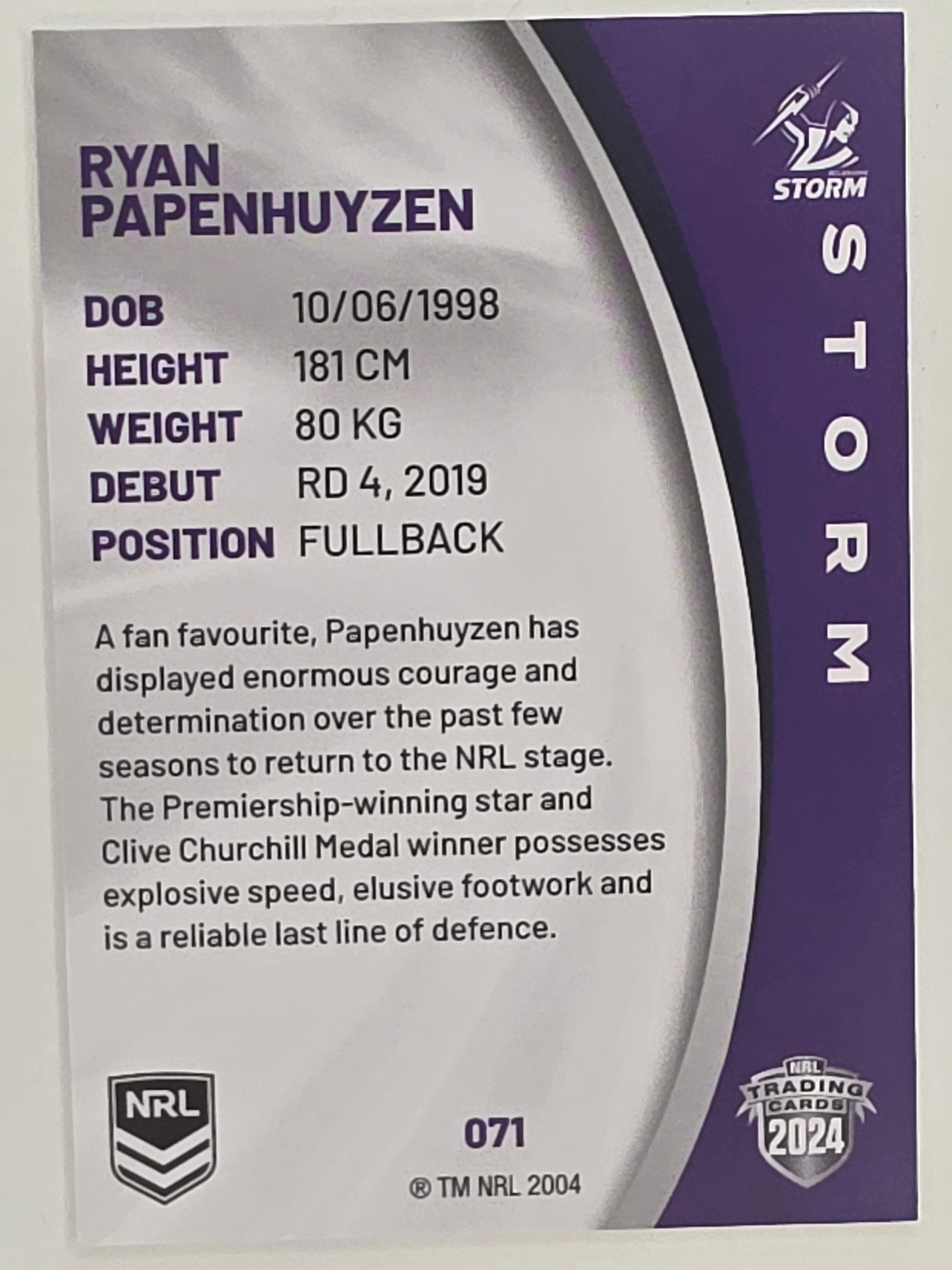 NRL 2024 Elite Base Card #071 Ryan Papenhuyzen Melbourne Storm