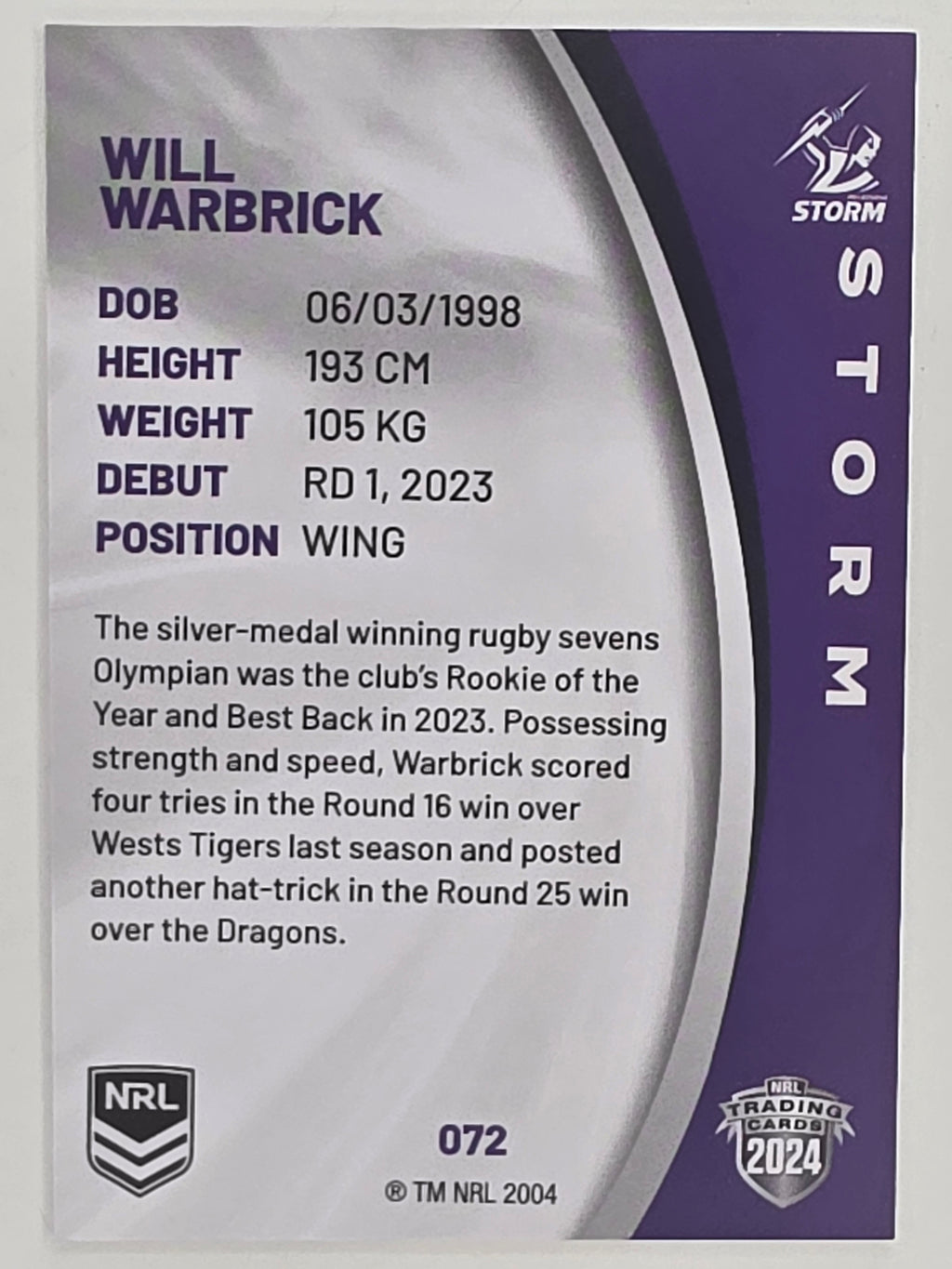NRL 2024 Elite Base Card #072 Will Warbrick Melbourne Storm