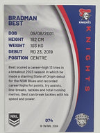 NRL 2024 Elite Base Card #074 Bradman Best Newcastle Knights