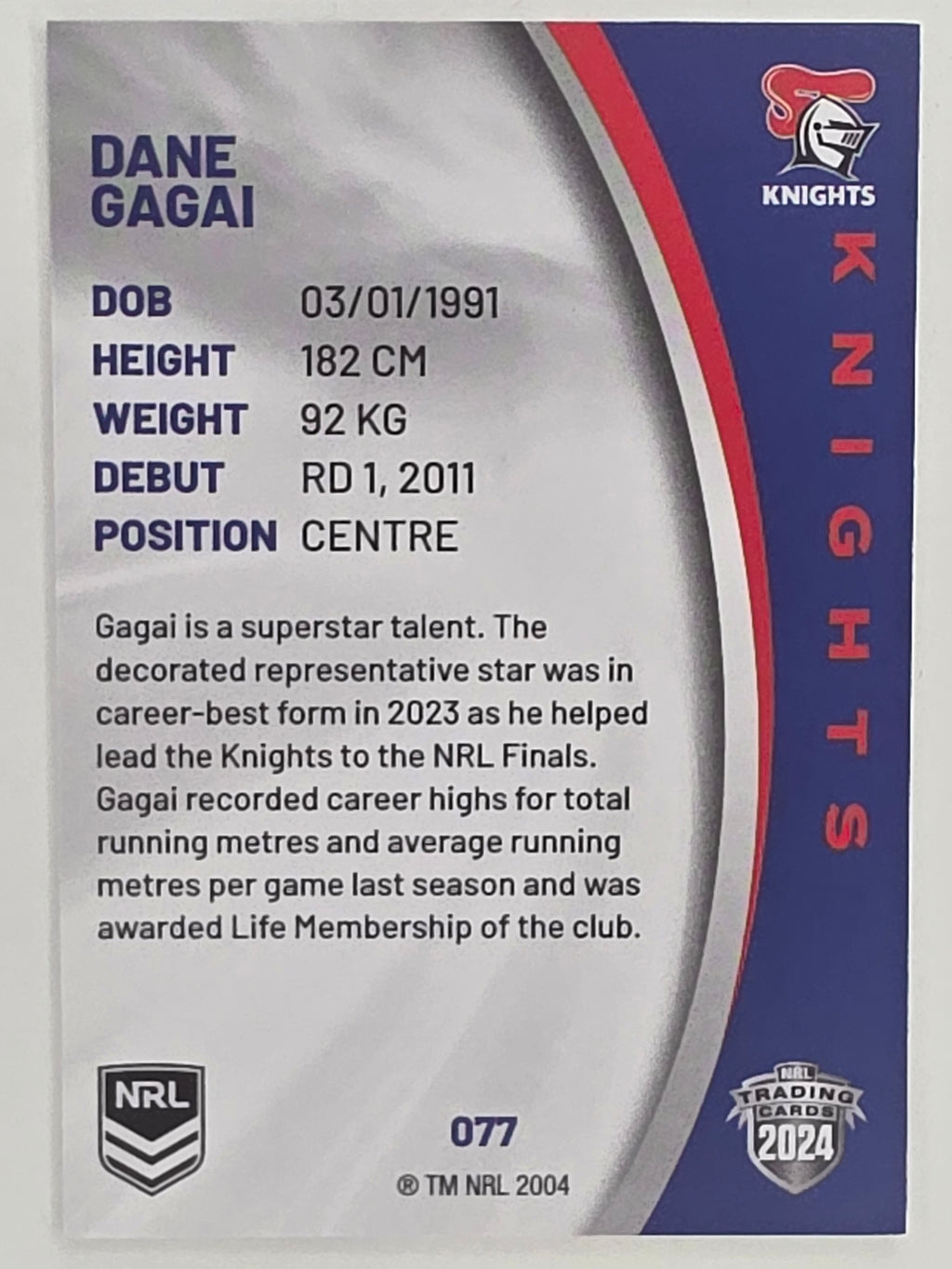 NRL 2024 Elite Base Card #077 Dane Gagai Newcastle Knights