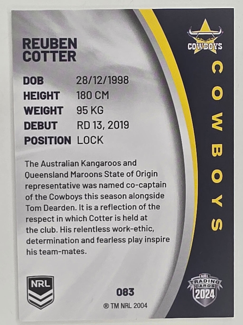 NRL 2024 Elite Base Card #083 Reuben Cotter North Queensland Cowboys