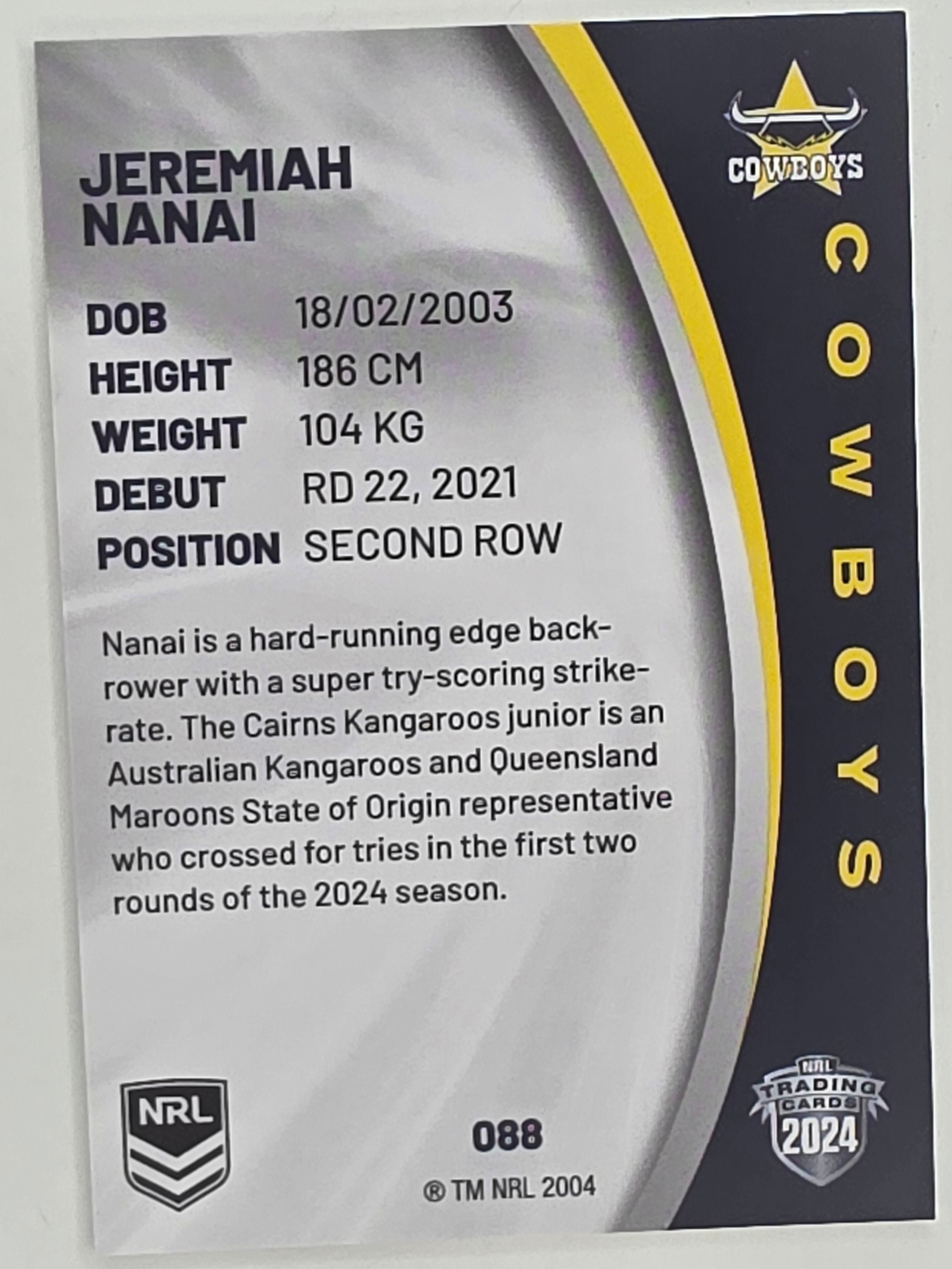 NRL 2024 Elite Base Card #088 Jeremiah Nanai North Queensland Cowboys