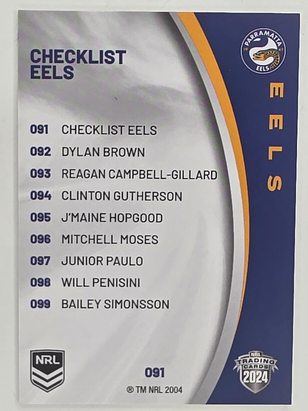 NRL 2024 Elite Base Card #091 Eels Checklist Parramatta Eels