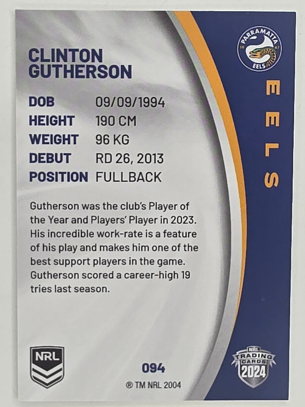 NRL 2024 Elite Base Card #094 Clinton Gutherson Parramatta Eels