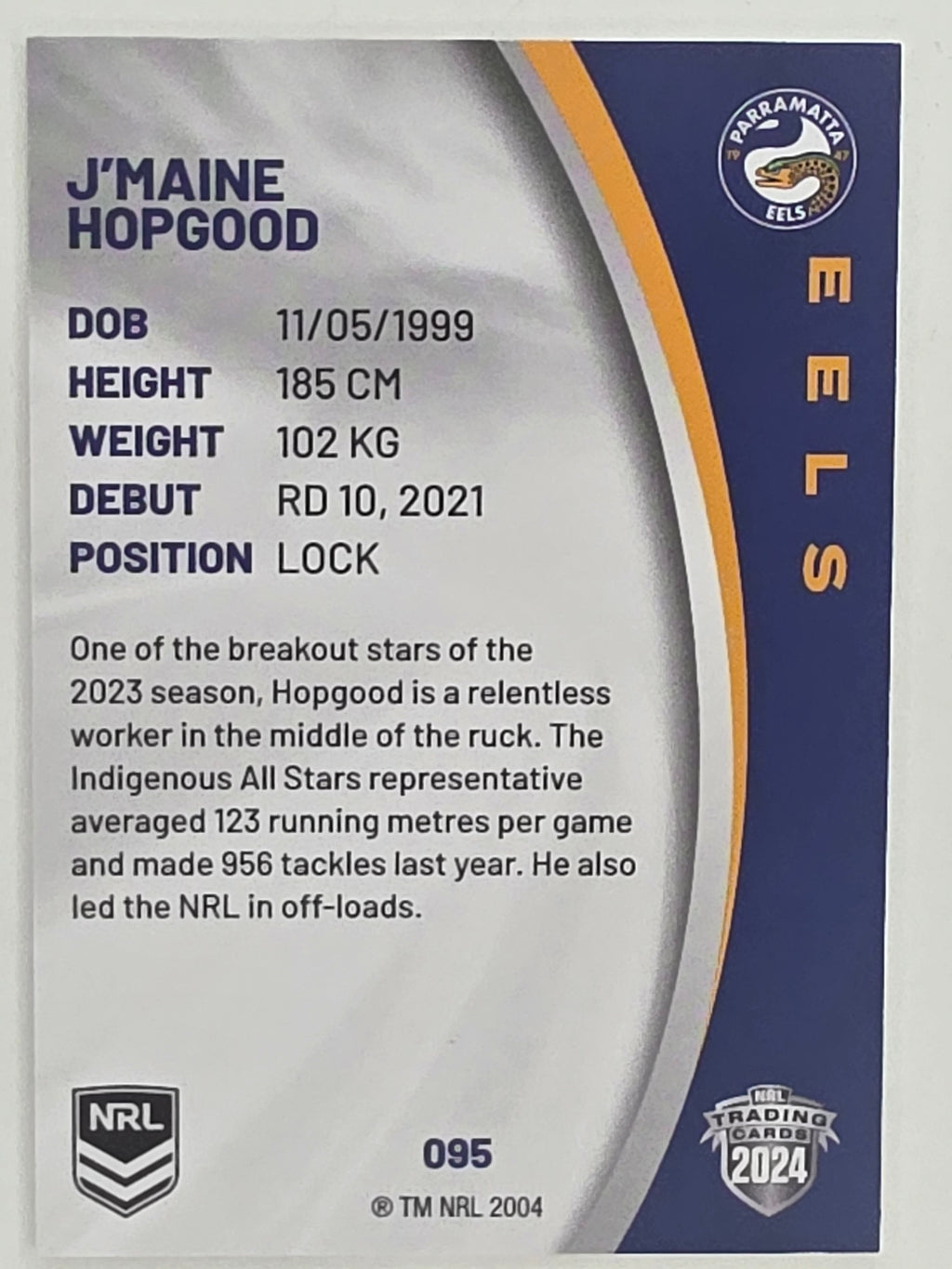 NRL 2024 Elite Base Card #095 J’maine Hopgood Parramatta Eels