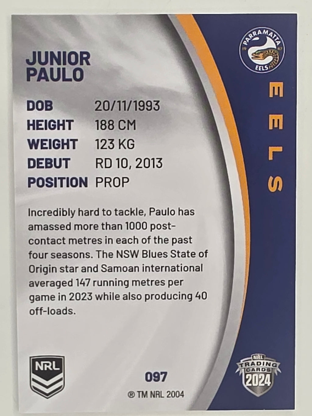 NRL 2024 Elite Base Card #097 Junior Paulo Parramatta Eels