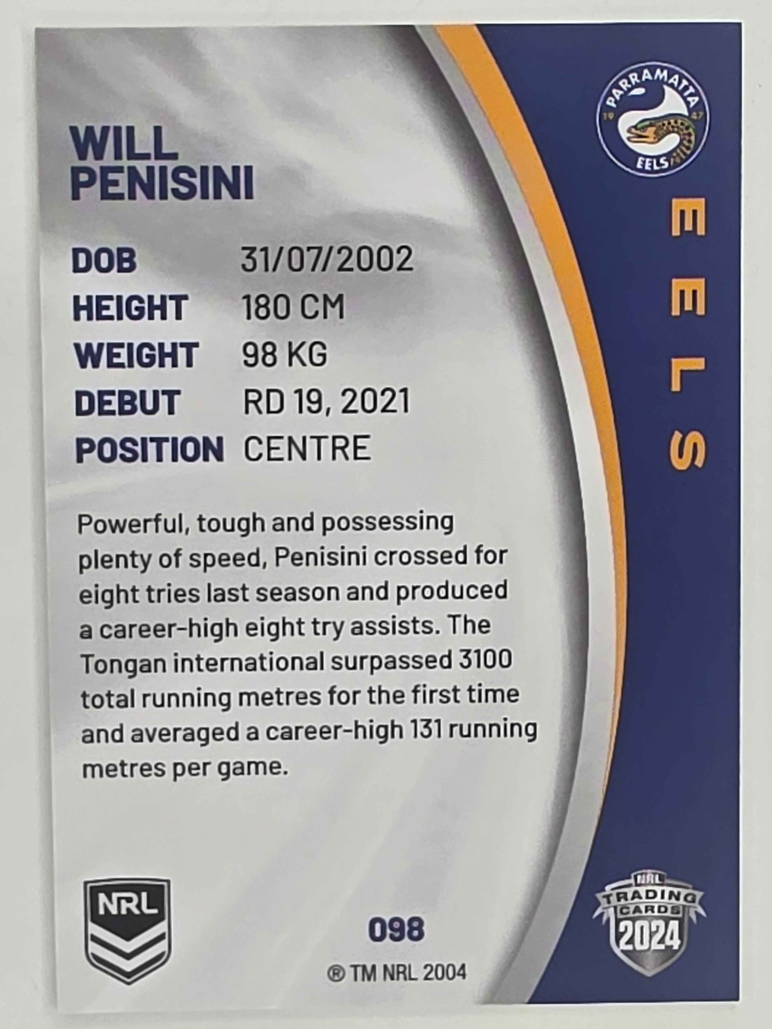 NRL 2024 Elite Base Card #098 Will Penisini Parramatta Eels