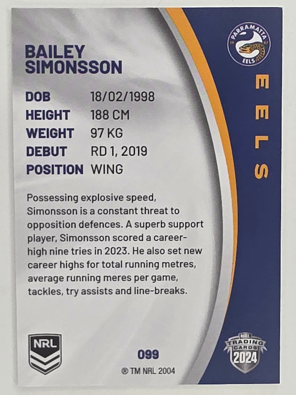 NRL 2024 Elite Base Card #099 Bailey Simonsson Parramatta Eels