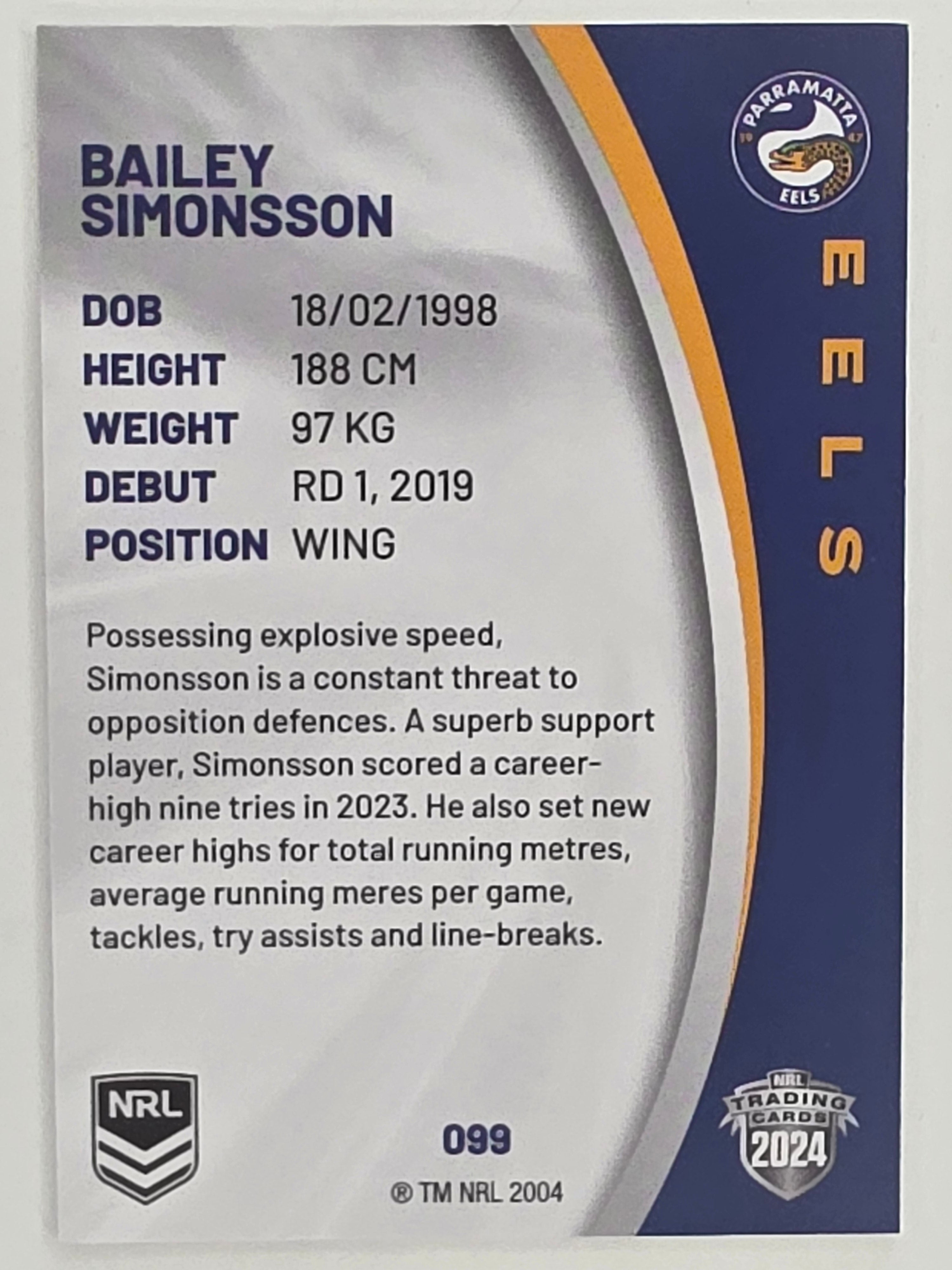 NRL 2024 Elite Base Card #099 Bailey Simonsson Parramatta Eels