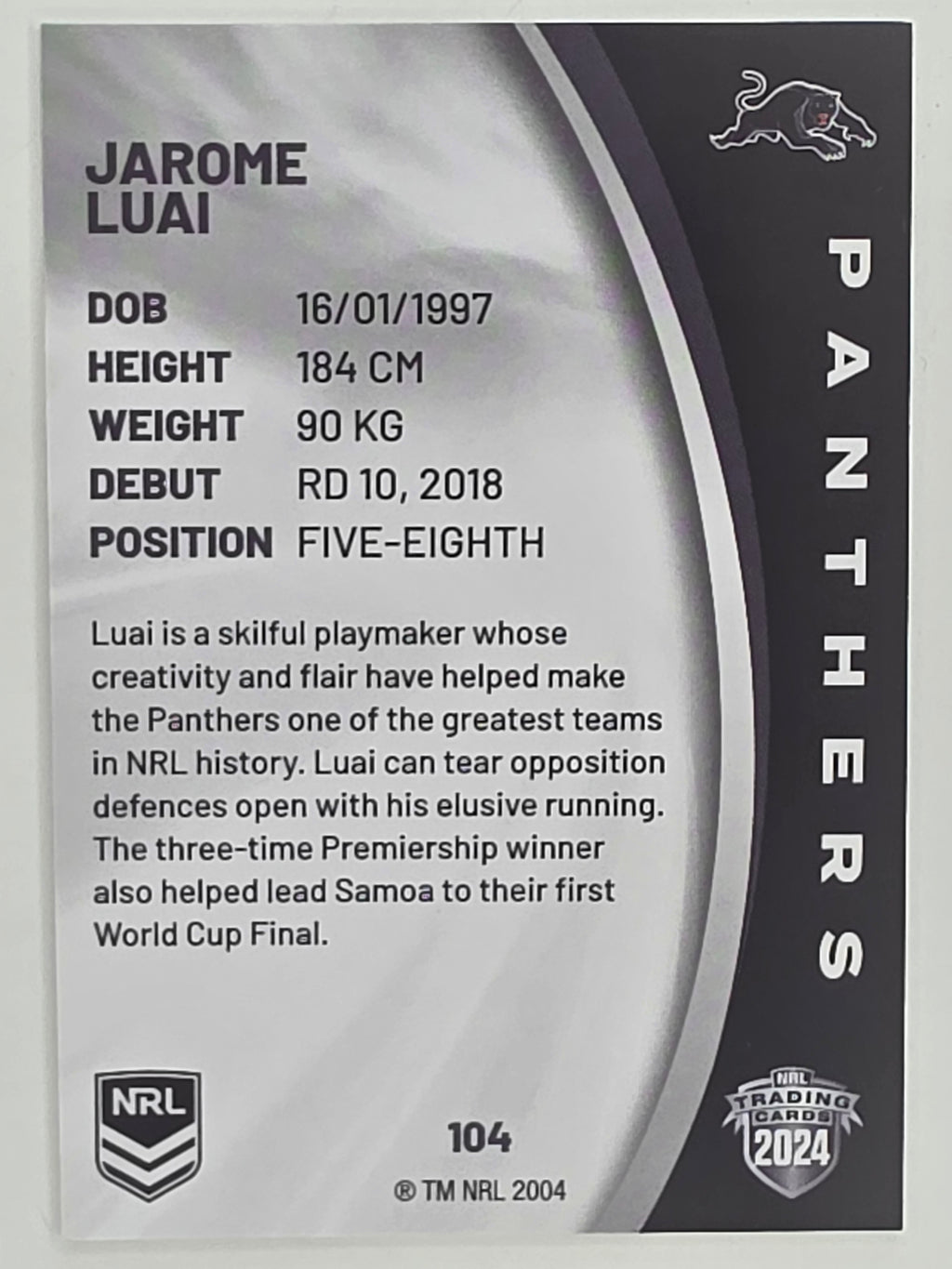 NRL 2024 Elite Base Card #104 Jarome Luai Penrith Panthers