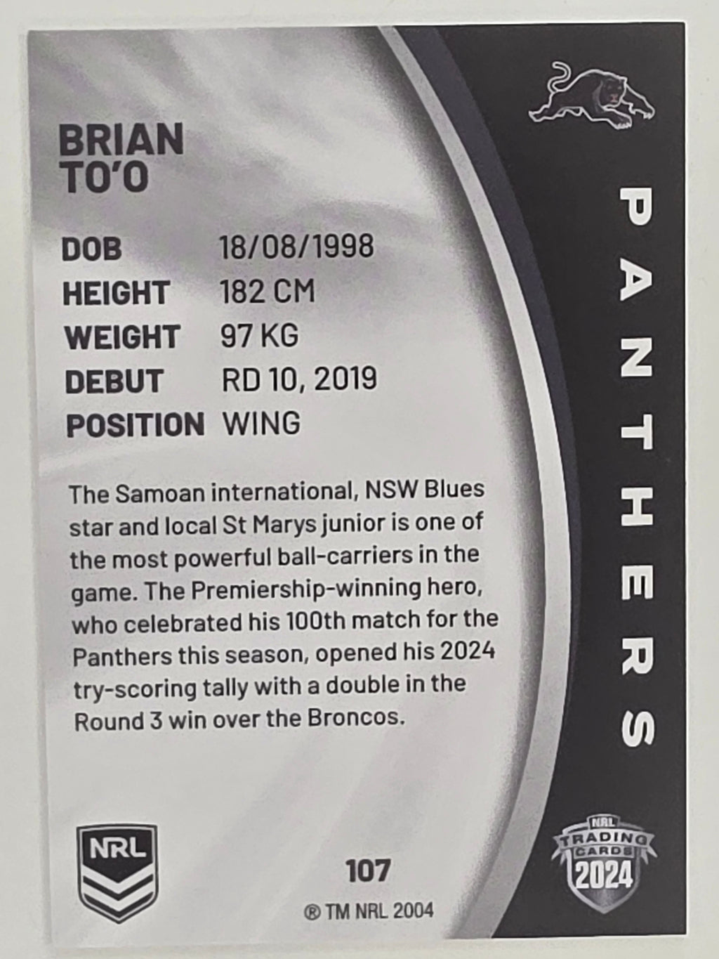 NRL 2024 Elite Base Card #107 Brian To’o Penrith Panthers