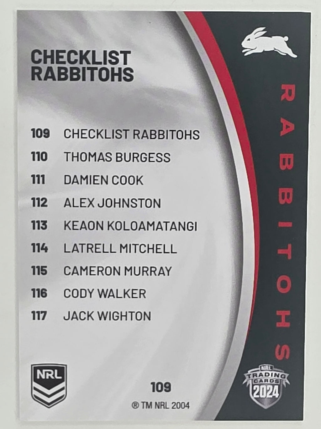 NRL 2024 Elite Base Card #109 Rabbitohs Checklist South Sydney Rabbitohs