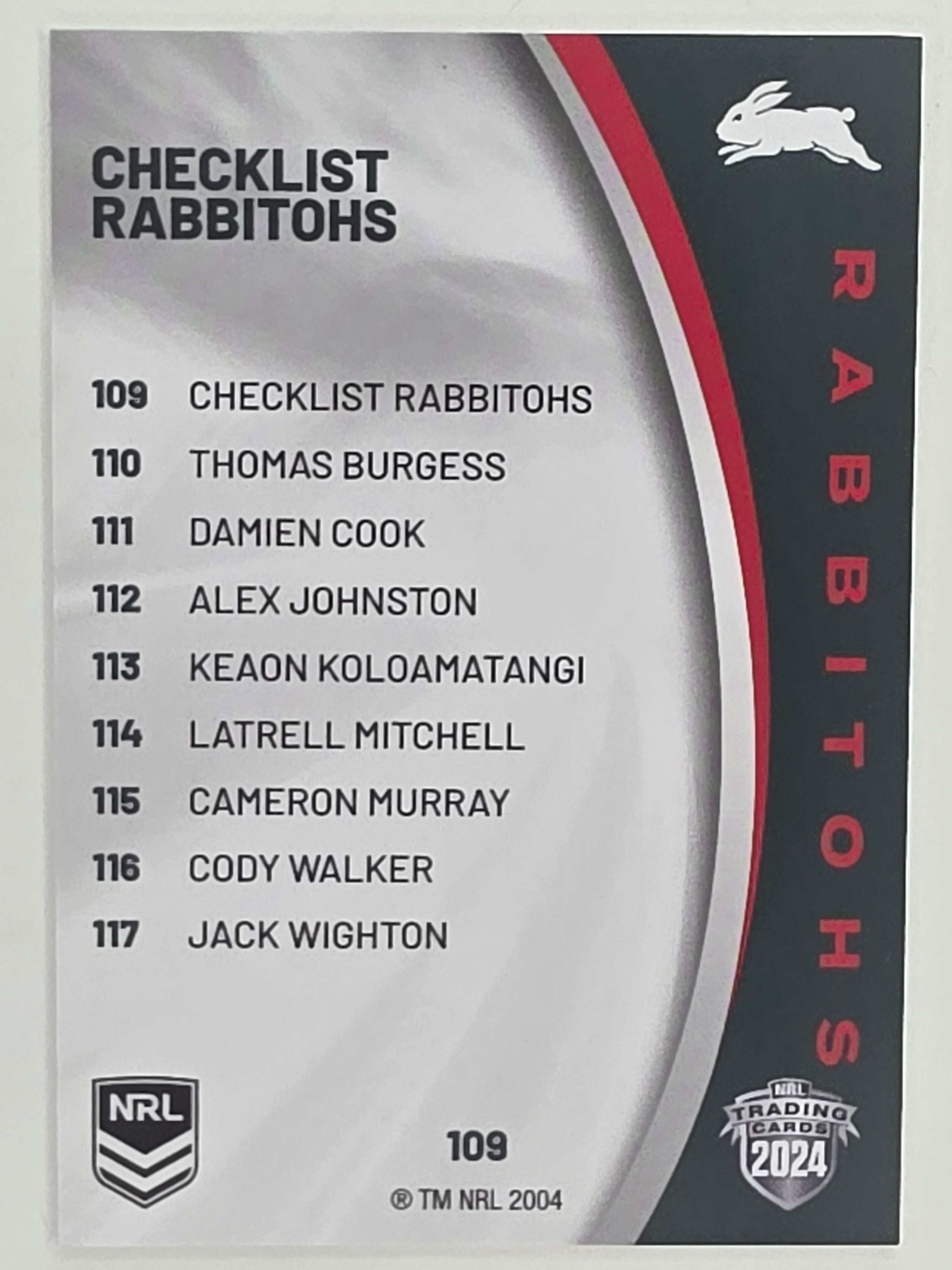 NRL 2024 Elite Base Card #109 Rabbitohs Checklist South Sydney Rabbitohs