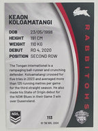 NRL 2024 Elite Base Card #113 Keaon Koloamatangi South Sydney Rabbitohs