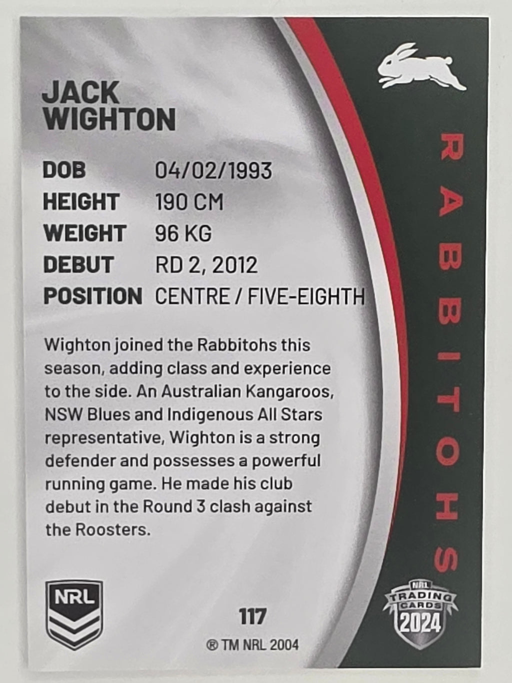 NRL 2024 Elite Base Card #117 Jack Wighton South Sydney Rabbitohs