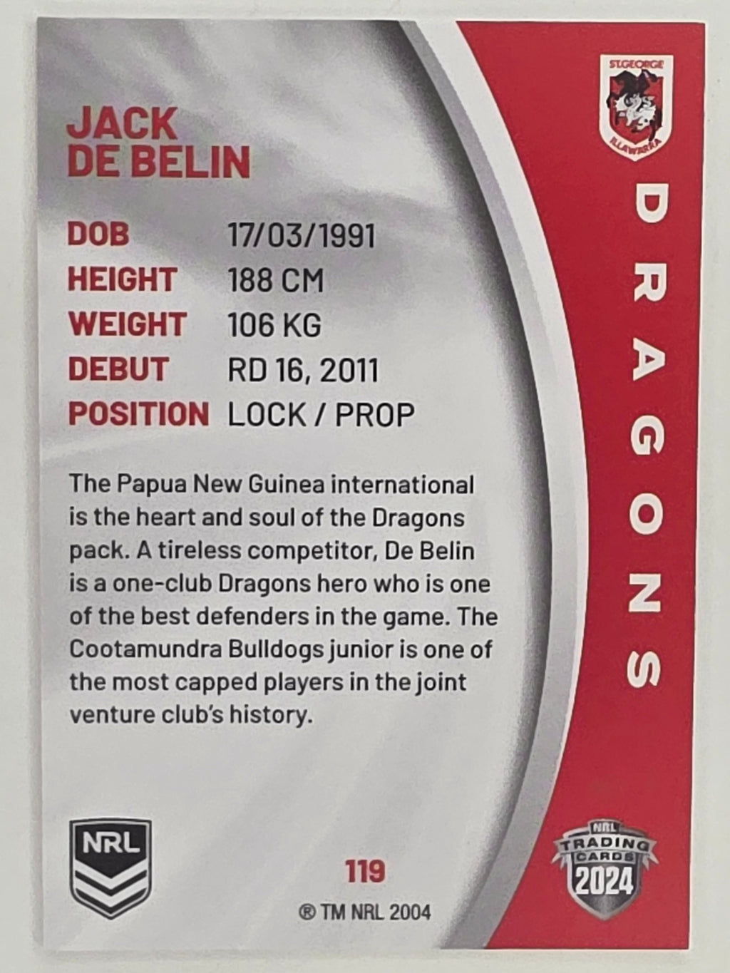 NRL 2024 Elite Base Card #119 Jack de Belin St George Illawarra Dragons