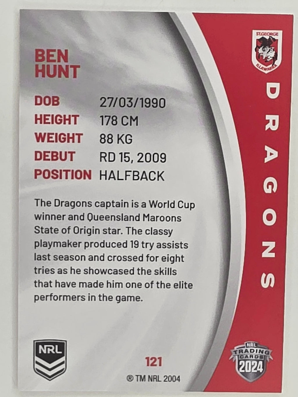 NRL 2024 Elite Base Card #121 Ben Hunt St George Illawarra Dragons