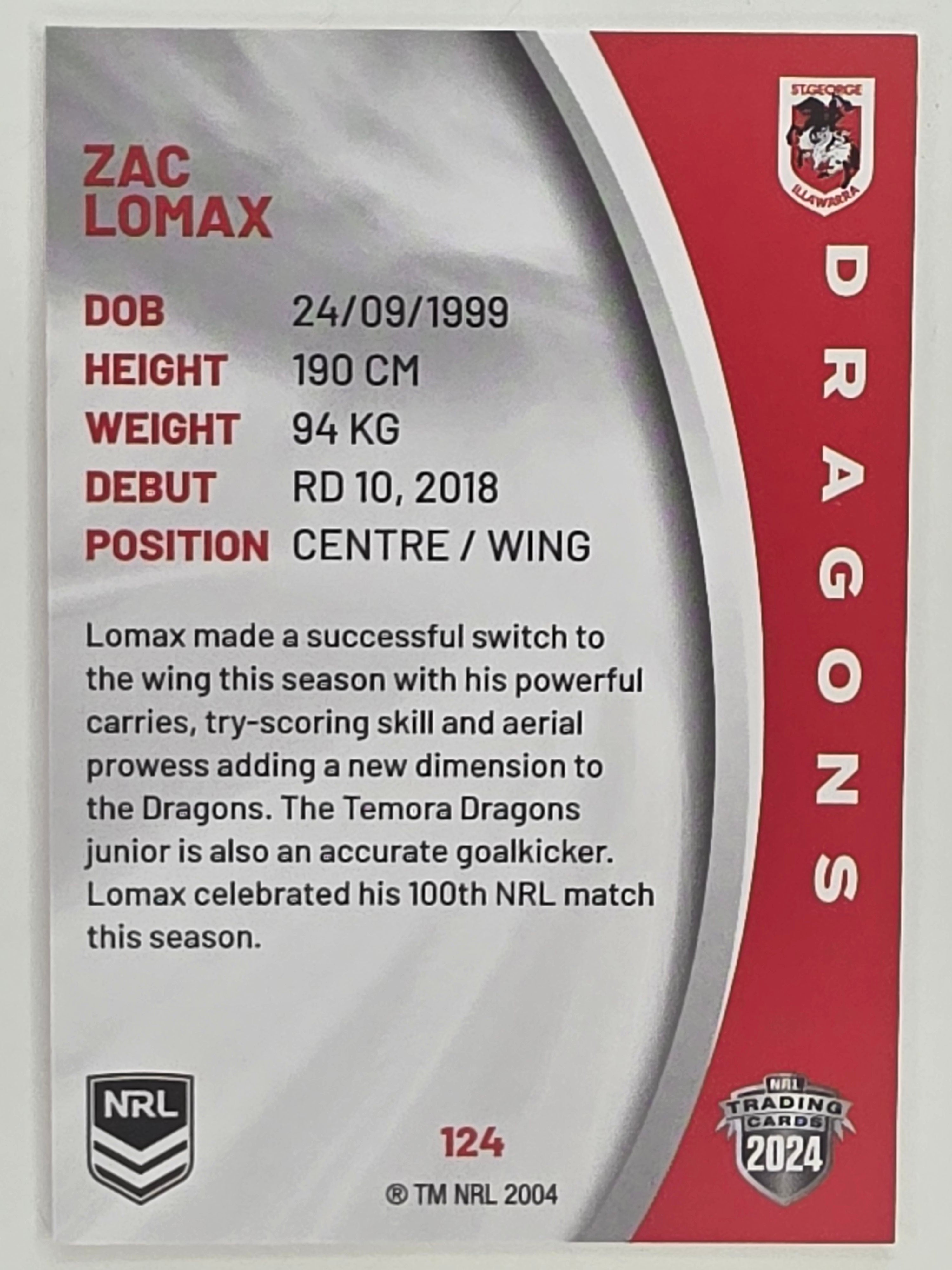 NRL 2024 Elite Base Card #124 Zac Lomax St George Illawarra Dragons