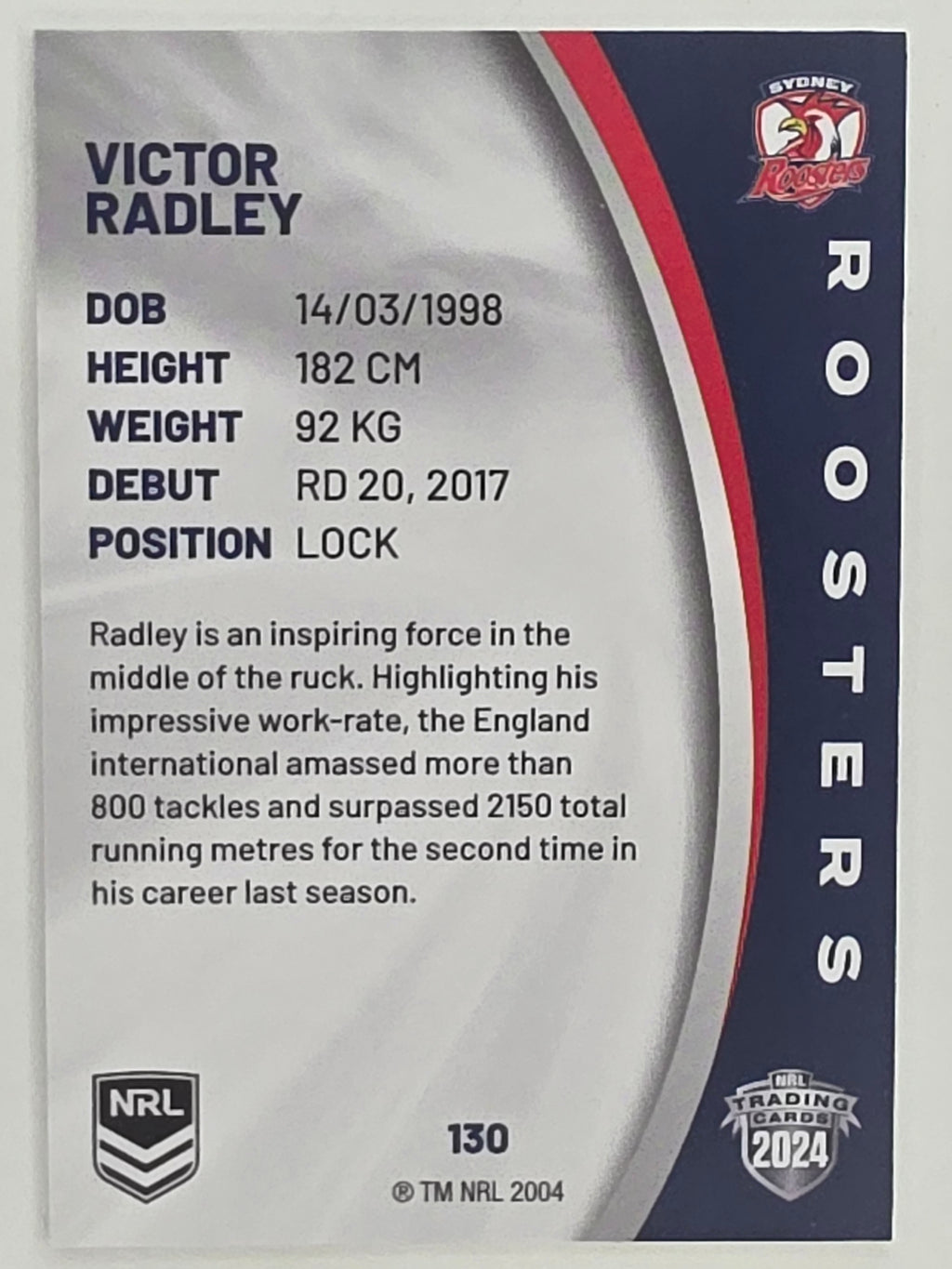 NRL 2024 Elite Base Card #130 Victor Radley Sydney Roosters
