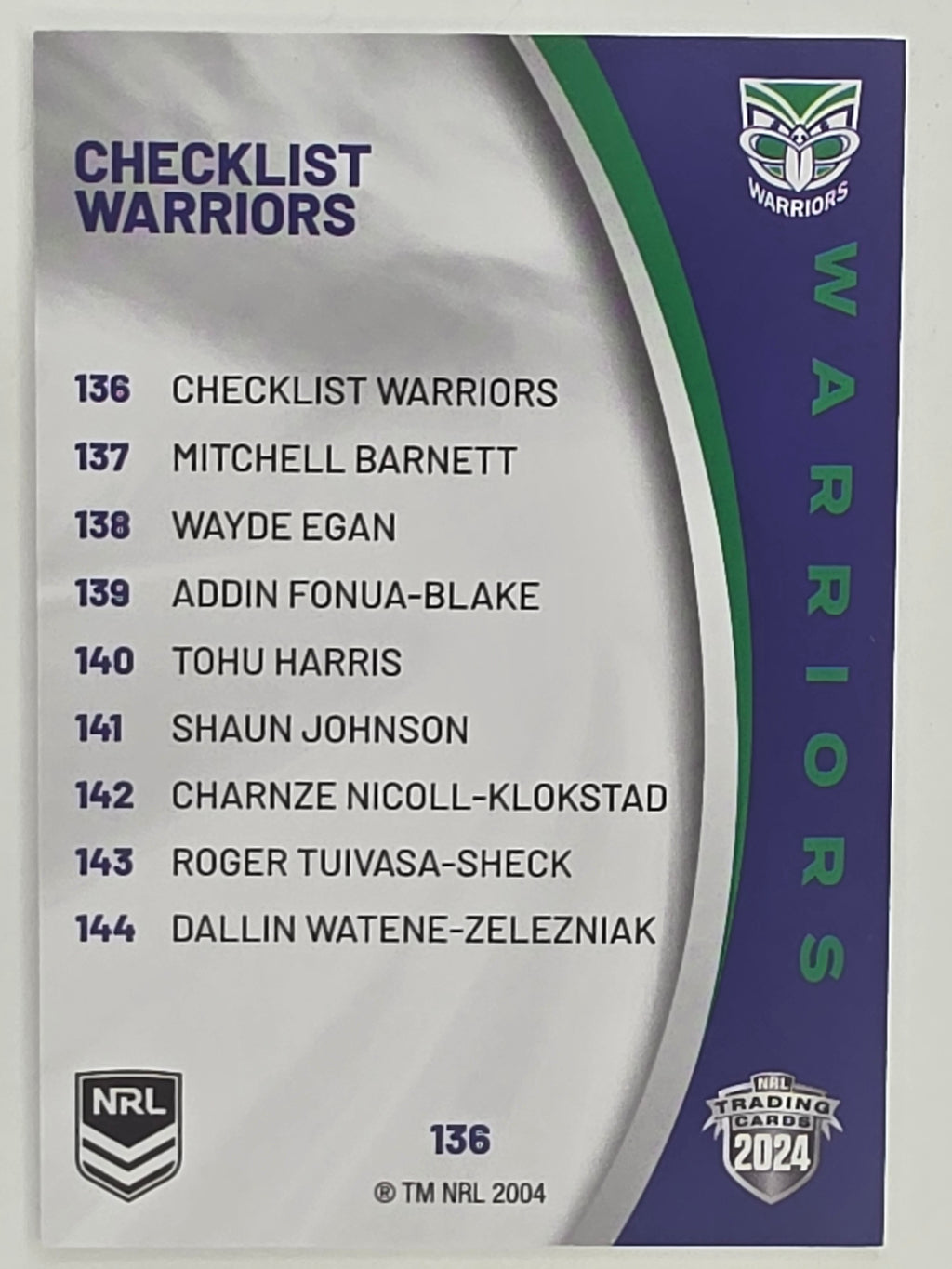 NRL 2024 Elite Base Card #136 Warriors Checklist New Zealand Warriors