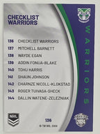 NRL 2024 Elite Base Card #136 Warriors Checklist New Zealand Warriors