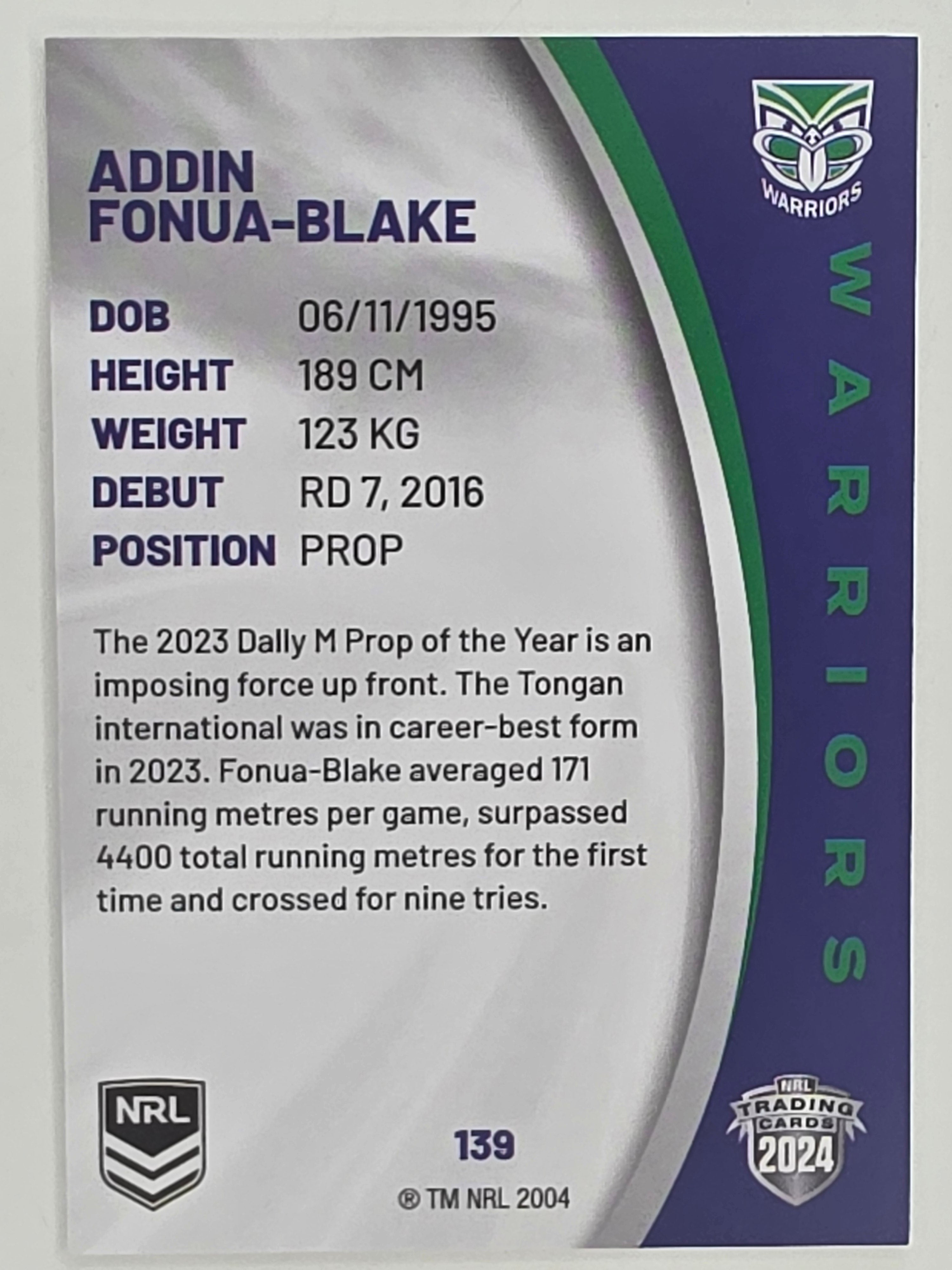 NRL 2024 Elite Base Card #139 Addin Fonua-Blake New Zealand Warriors