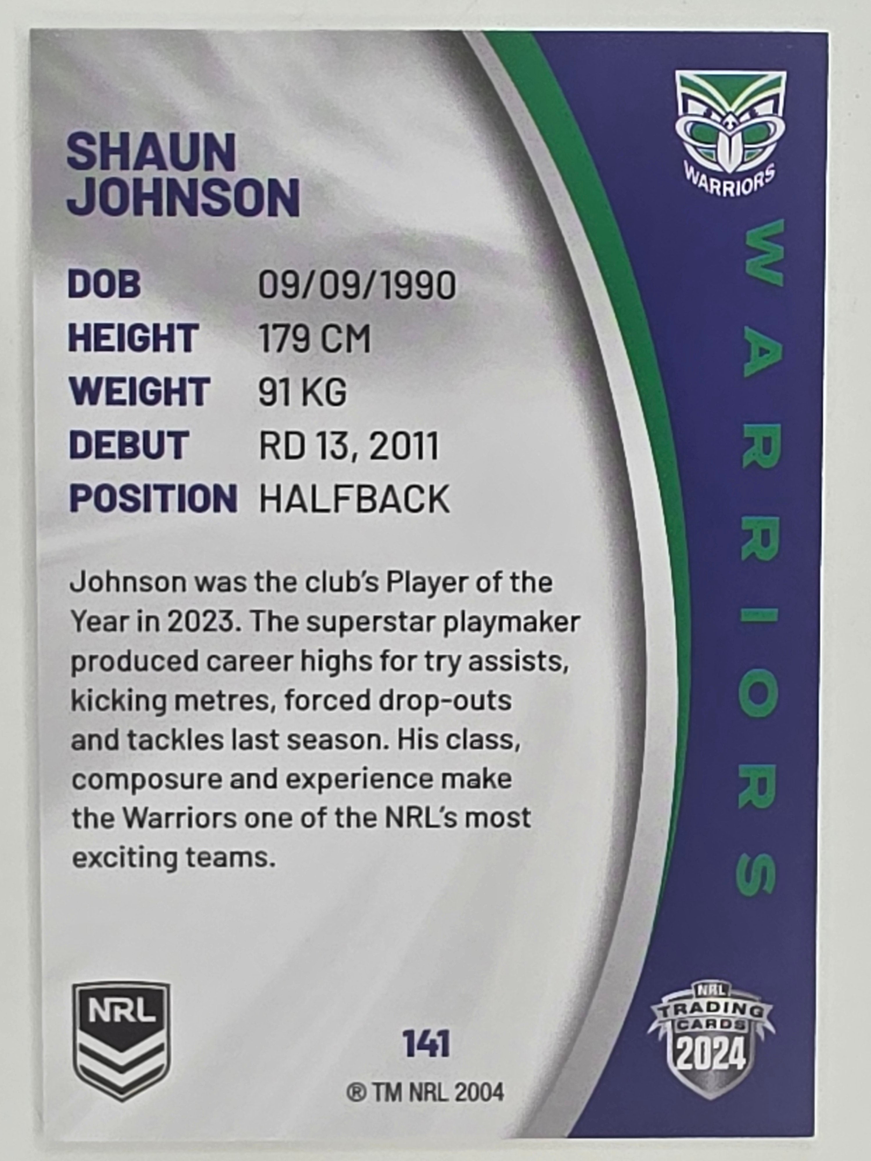NRL 2024 Elite Base Card #141 Shaun Johnson New Zealand Warriors
