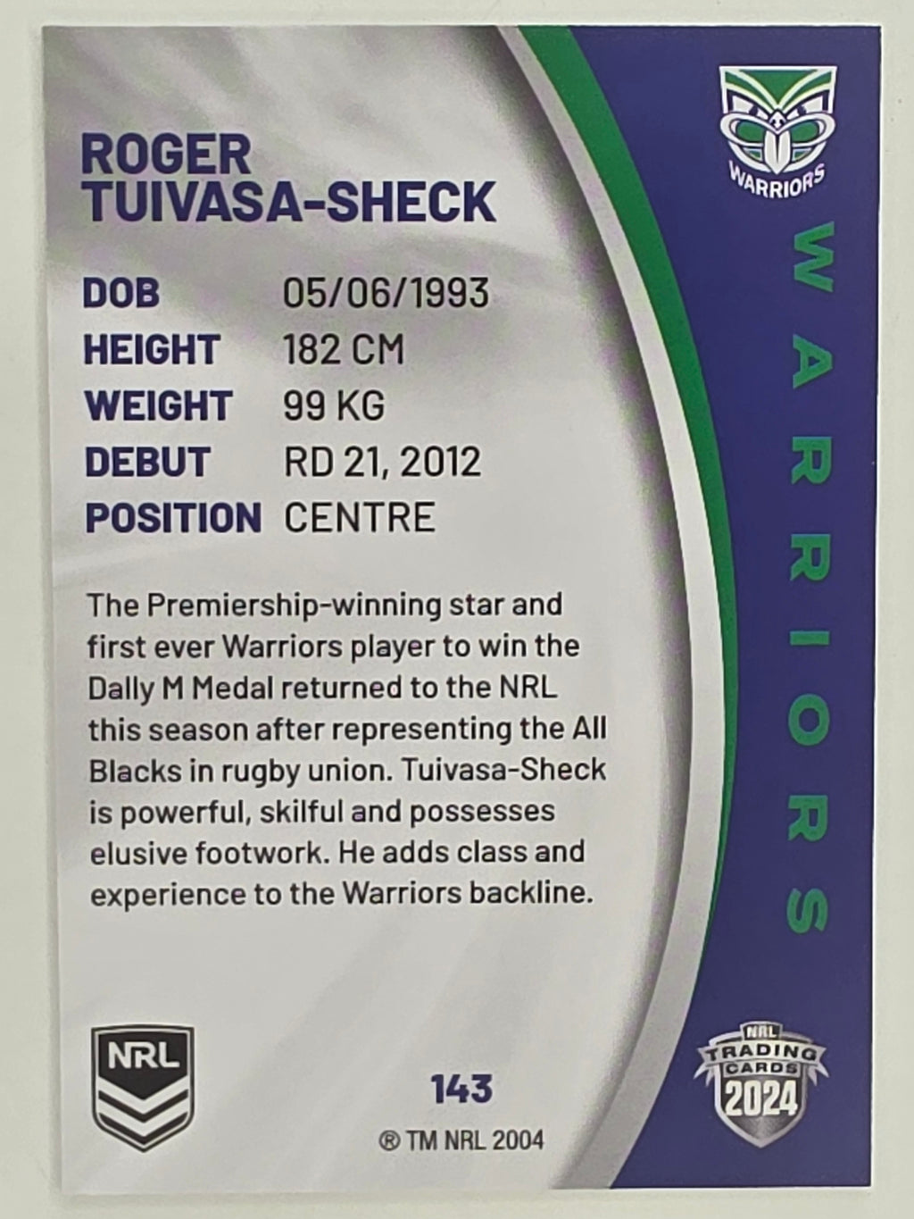 NRL 2024 Elite Base Card #143 Roger Tuivasa-Sheck New Zealand Warriors