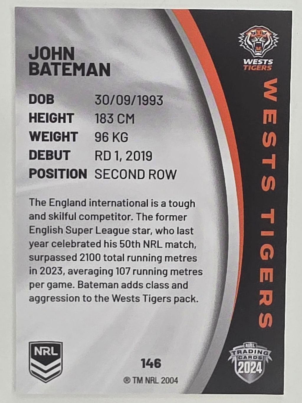 NRL 2024 Elite Base Card #146 John Bateman Wests Tigers