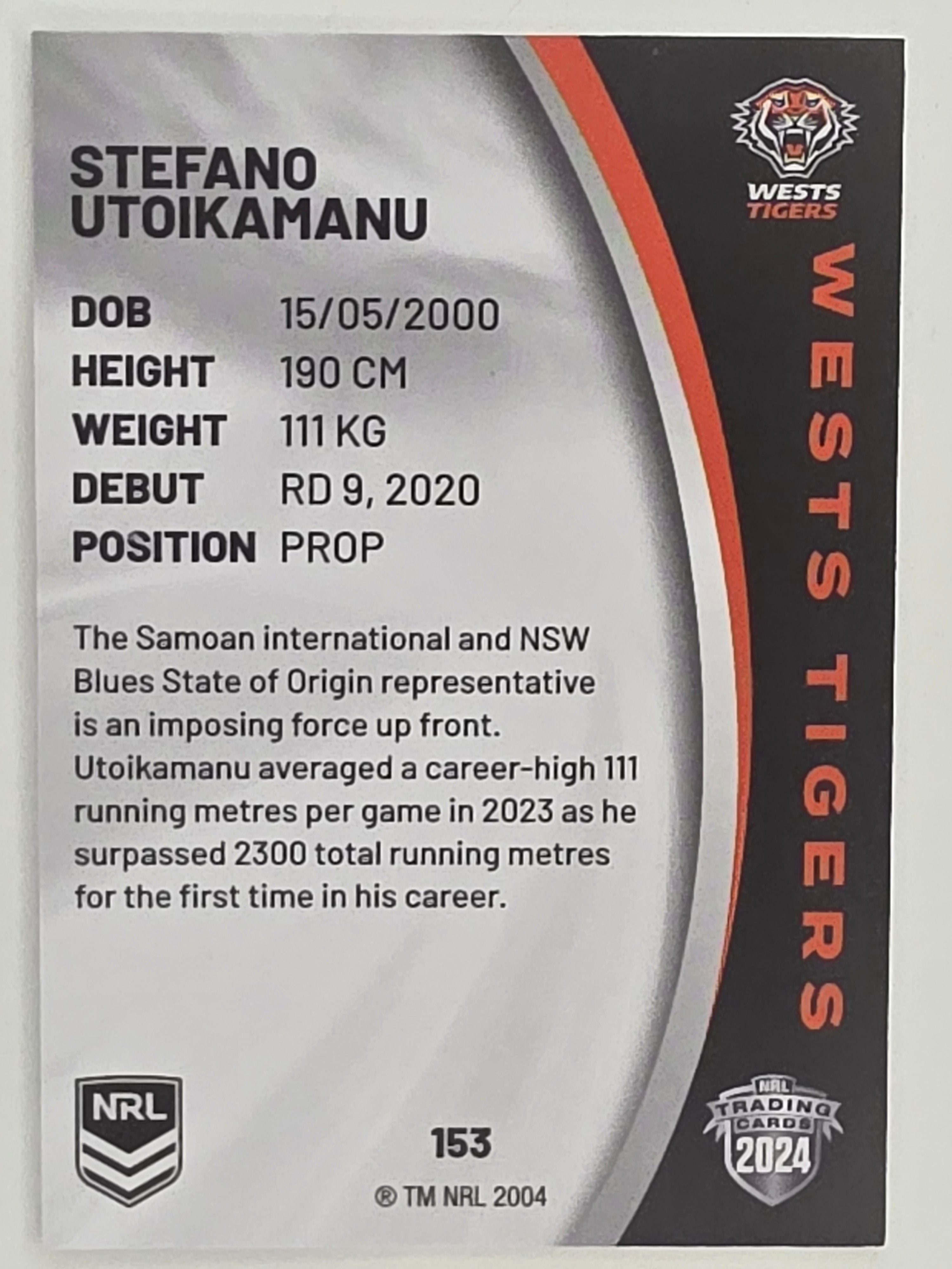 NRL 2024 Elite Base Card #153 Stefano Utoikamanu Wests Tigers