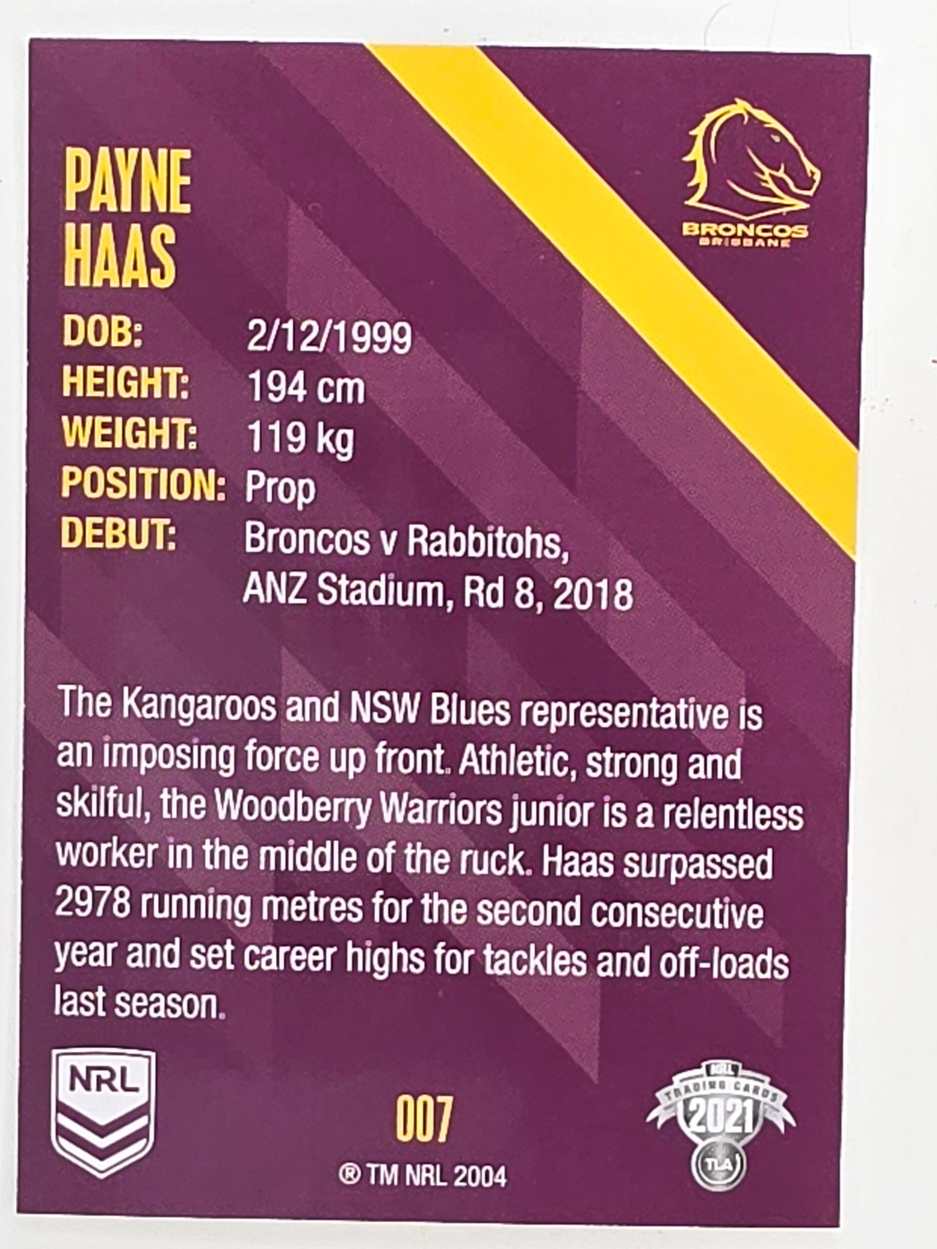 NRL 2021 Traders Base Card #007 Payne Haas Brisbane Broncos