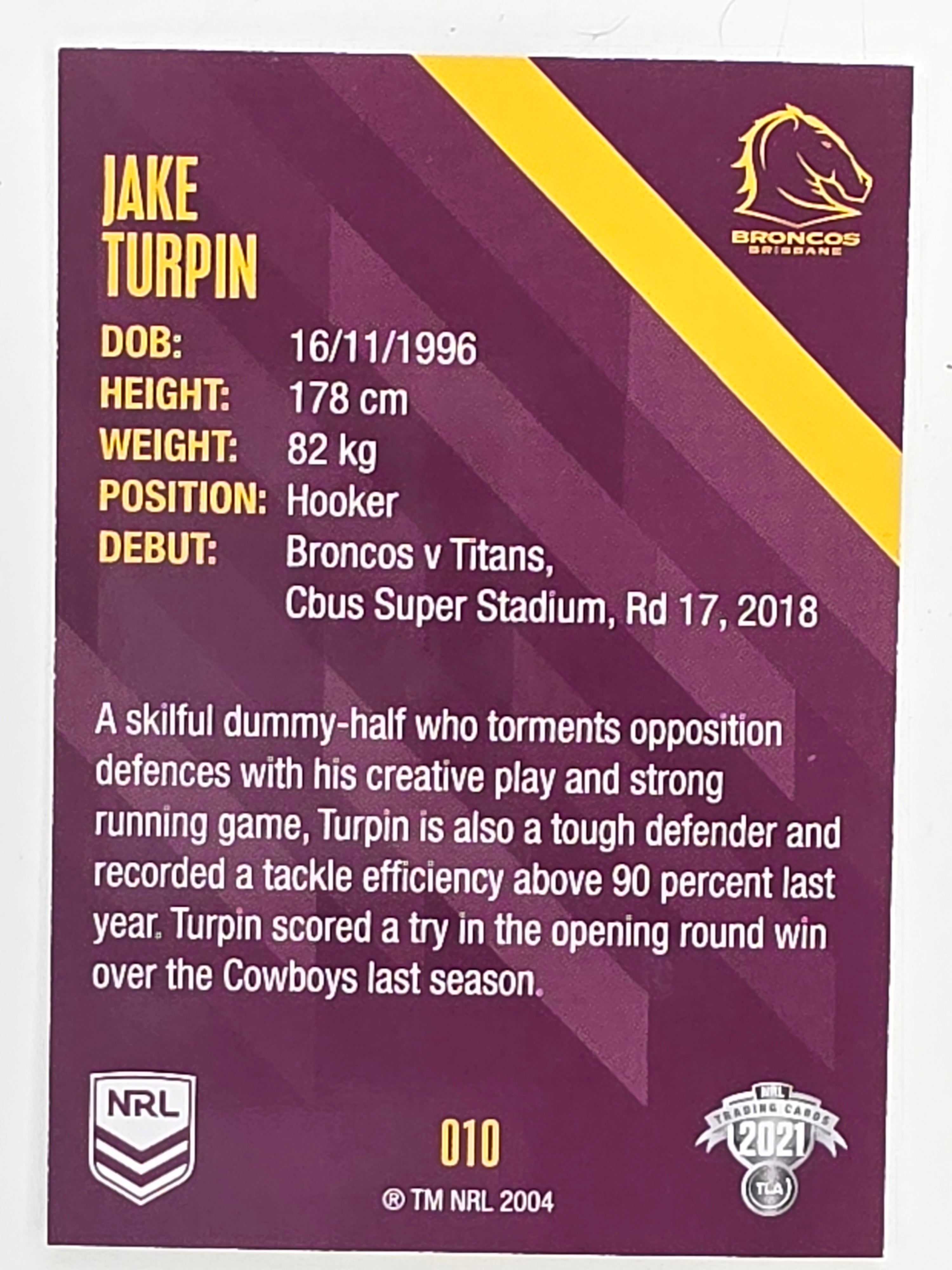 NRL 2021 Traders Base Card #010 Jake Turpin Brisbane Broncos