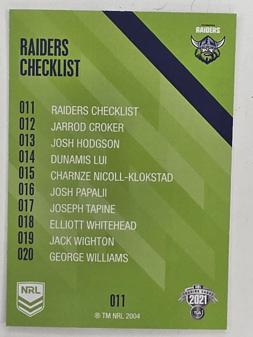 NRL 2021 Traders Base Card #011 Raiders Checklist Canberra Raiders