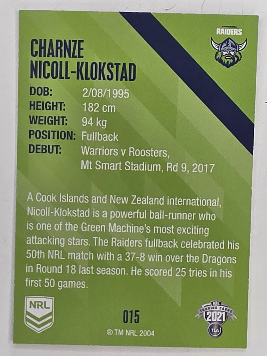 NRL 2021 Traders Base Card #015 Charnze Nicoll-Klokstad Canberra Raiders