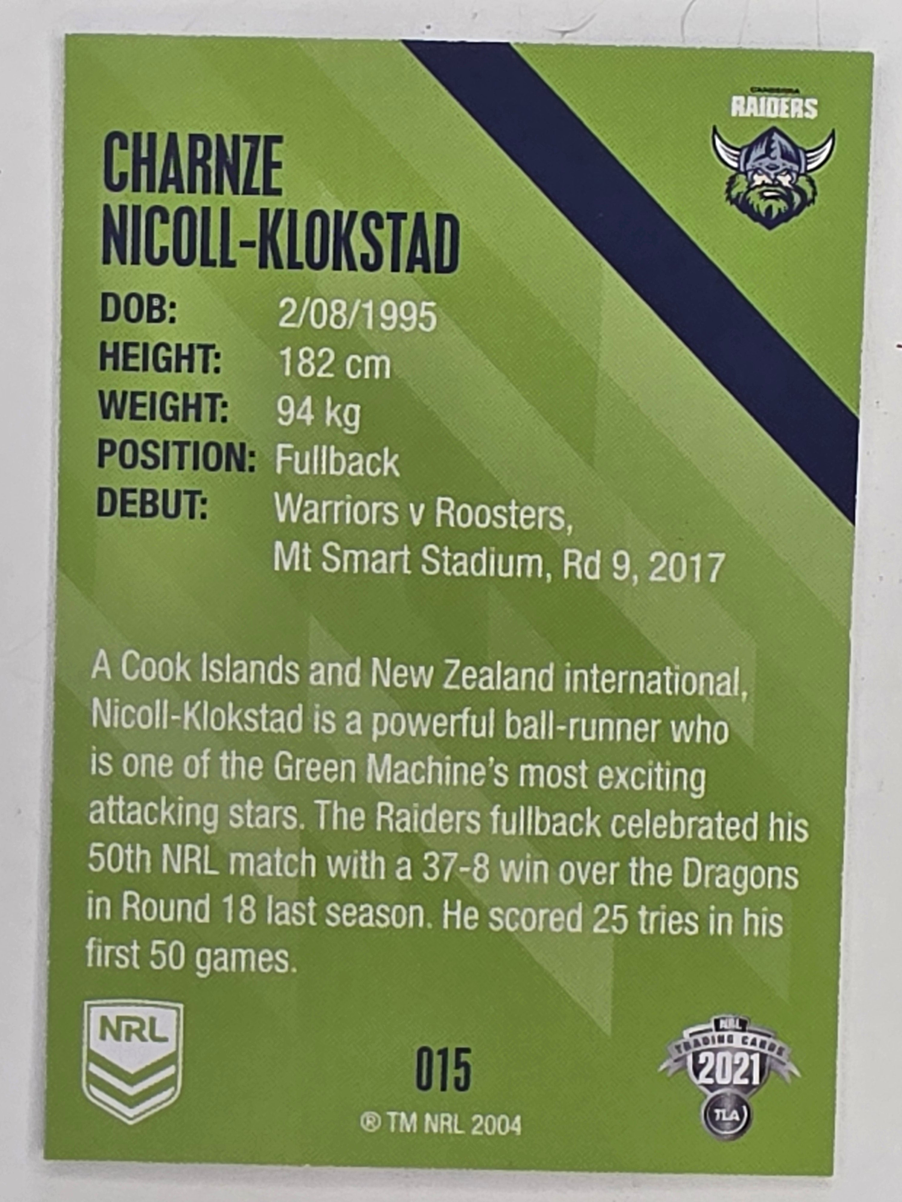 NRL 2021 Traders Base Card #015 Charnze Nicoll-Klokstad Canberra Raiders