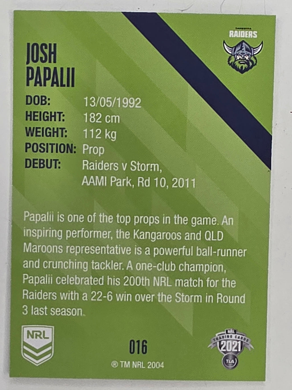 NRL 2021 Traders Base Card #016 Josh Papalii Canberra Raiders