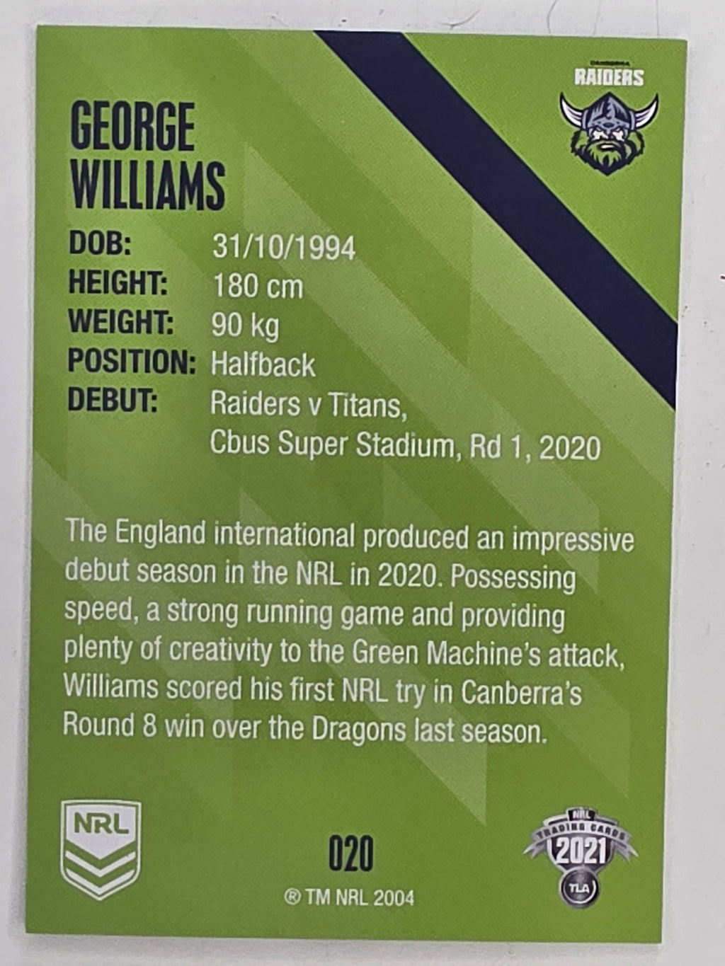 NRL 2021 Traders Base Card #020 George Williams Canberra Raiders