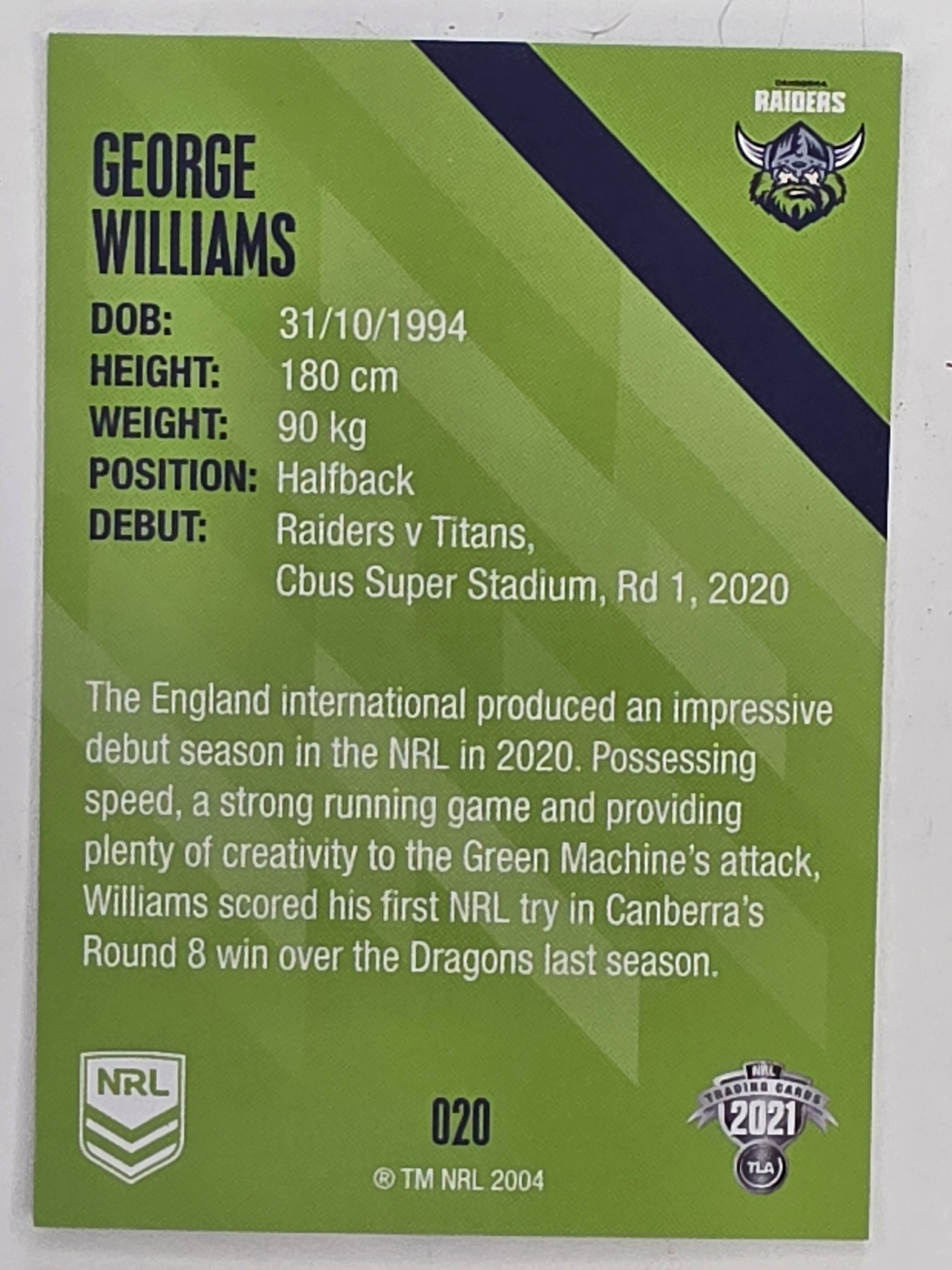 NRL 2021 Traders Base Card #020 George Williams Canberra Raiders