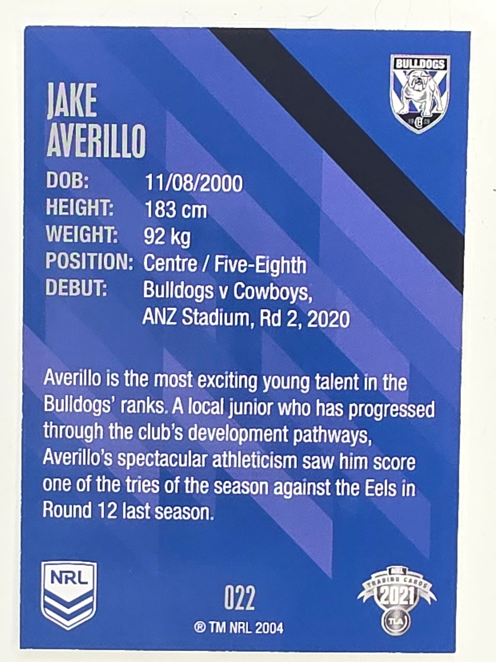 NRL 2021 Traders Base Card #022 Jake Averillo Canterbury Bankstown Bulldogs