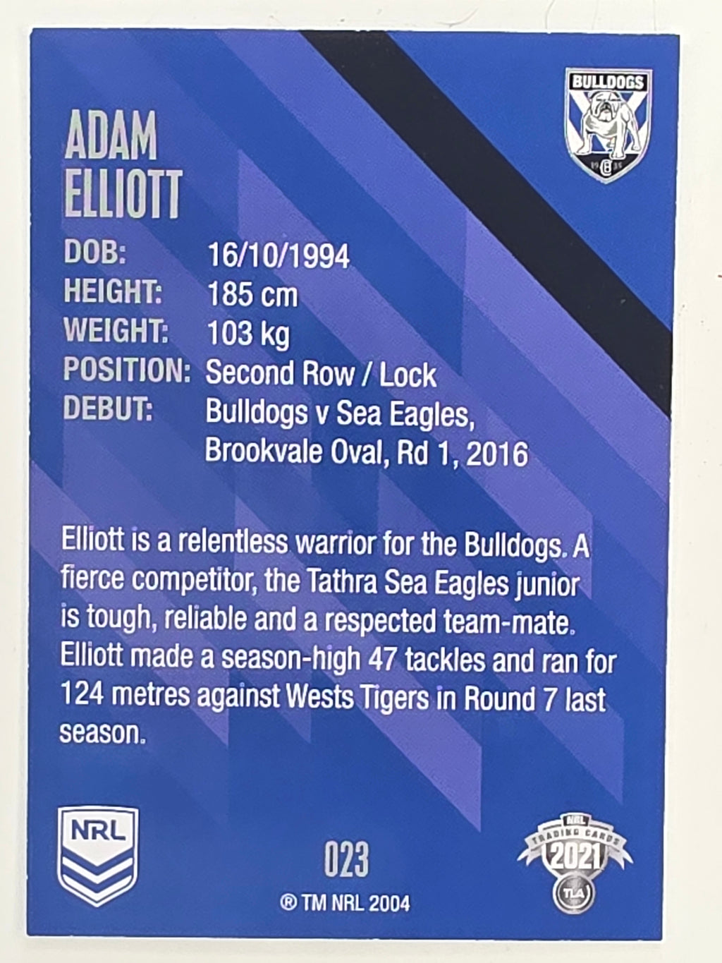 NRL 2021 Traders Base Card #023 Adam Elliott Canterbury Bankstown Bulldogs