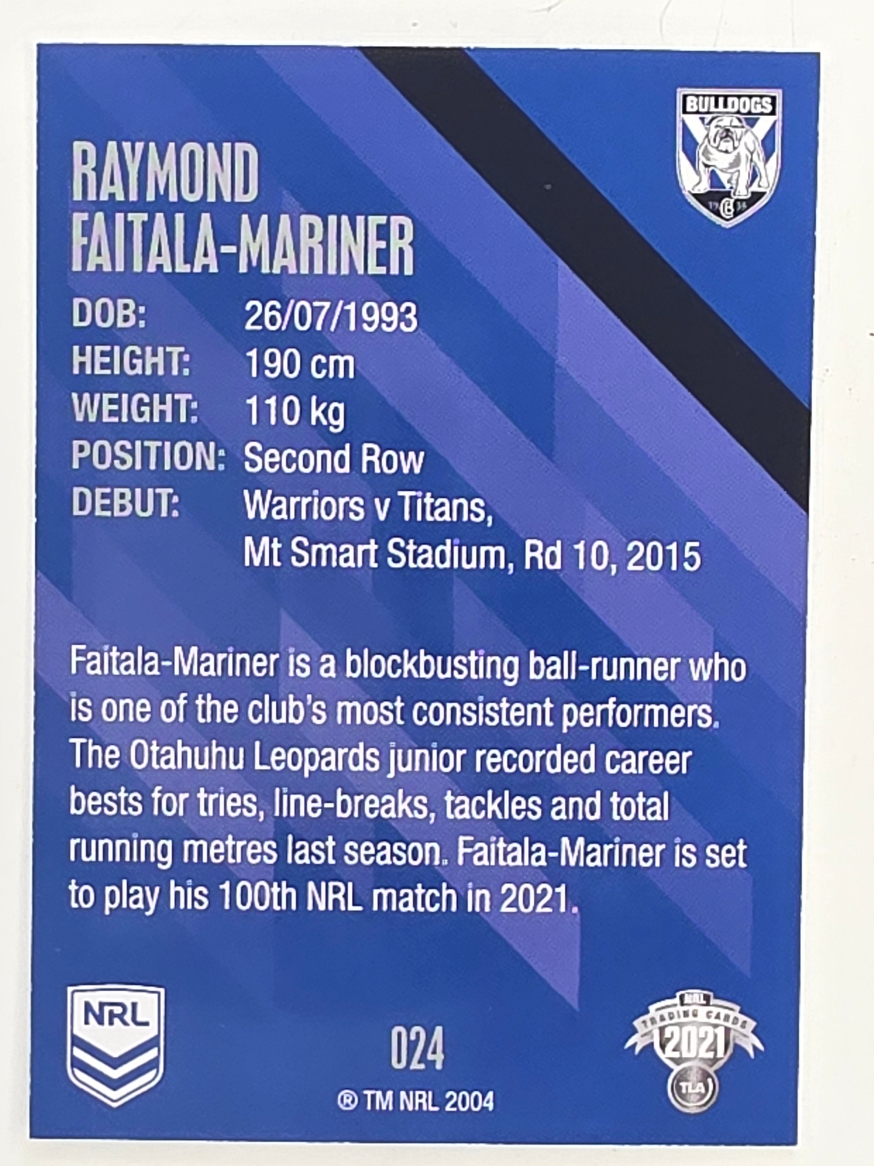 NRL 2021 Traders Base Card #024 Raymond Faitala-Mariner Canterbury Bankstown Bulldogs
