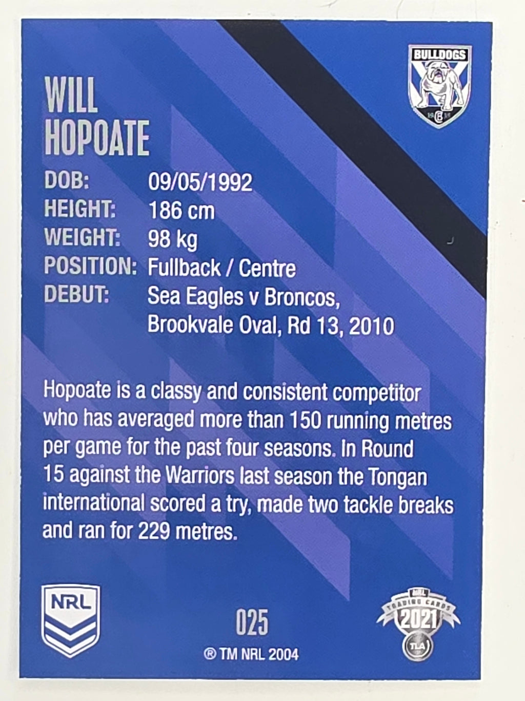 NRL 2021 Traders Base Card #025 Will Hopoate Canterbury Bankstown Bulldogs