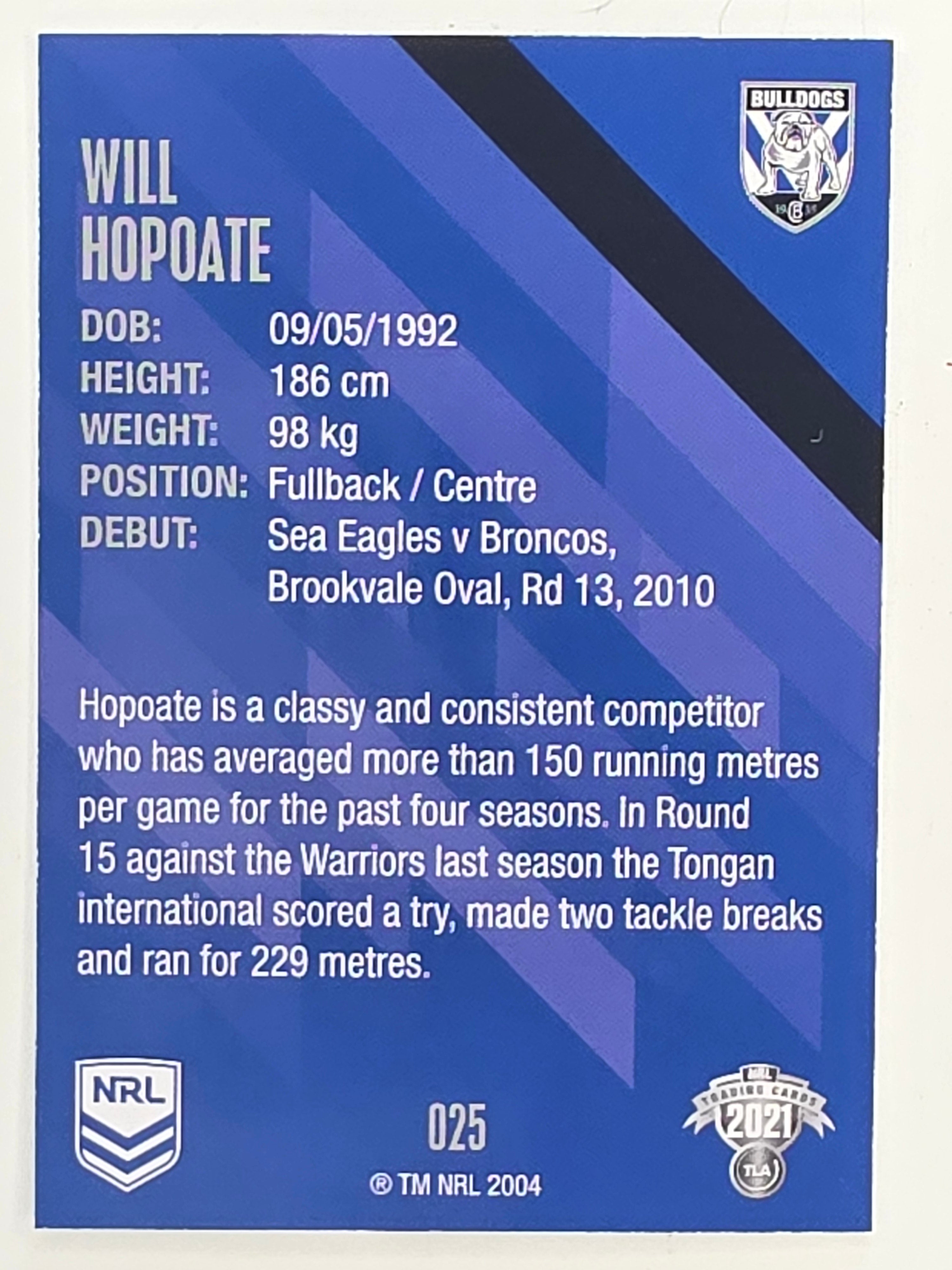 NRL 2021 Traders Base Card #025 Will Hopoate Canterbury Bankstown Bulldogs