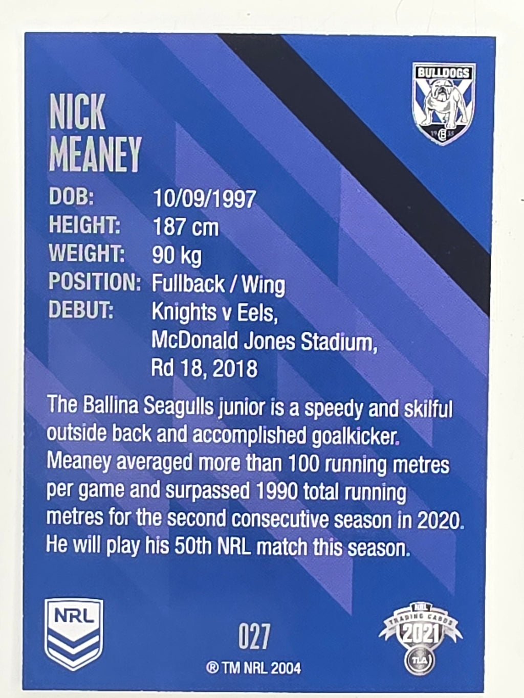 NRL 2021 Traders Base Card #027 Nick Meaney Canterbury Bankstown Bulldogs