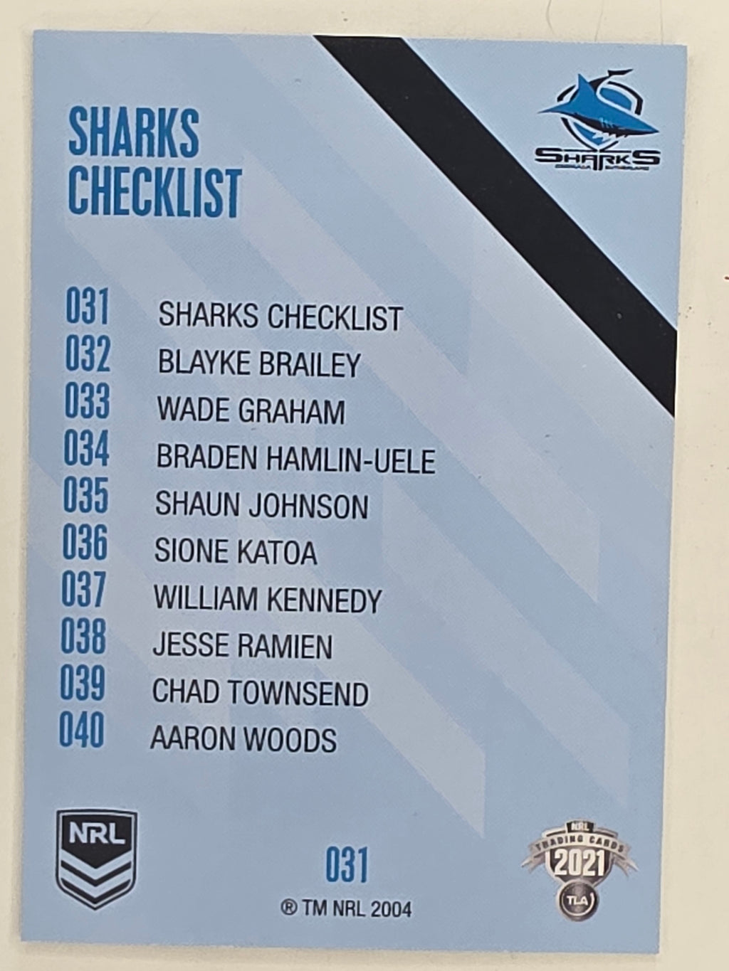 NRL 2021 Traders Base Card #031 Sharks Checklist Cronulla Sutherland Sharks